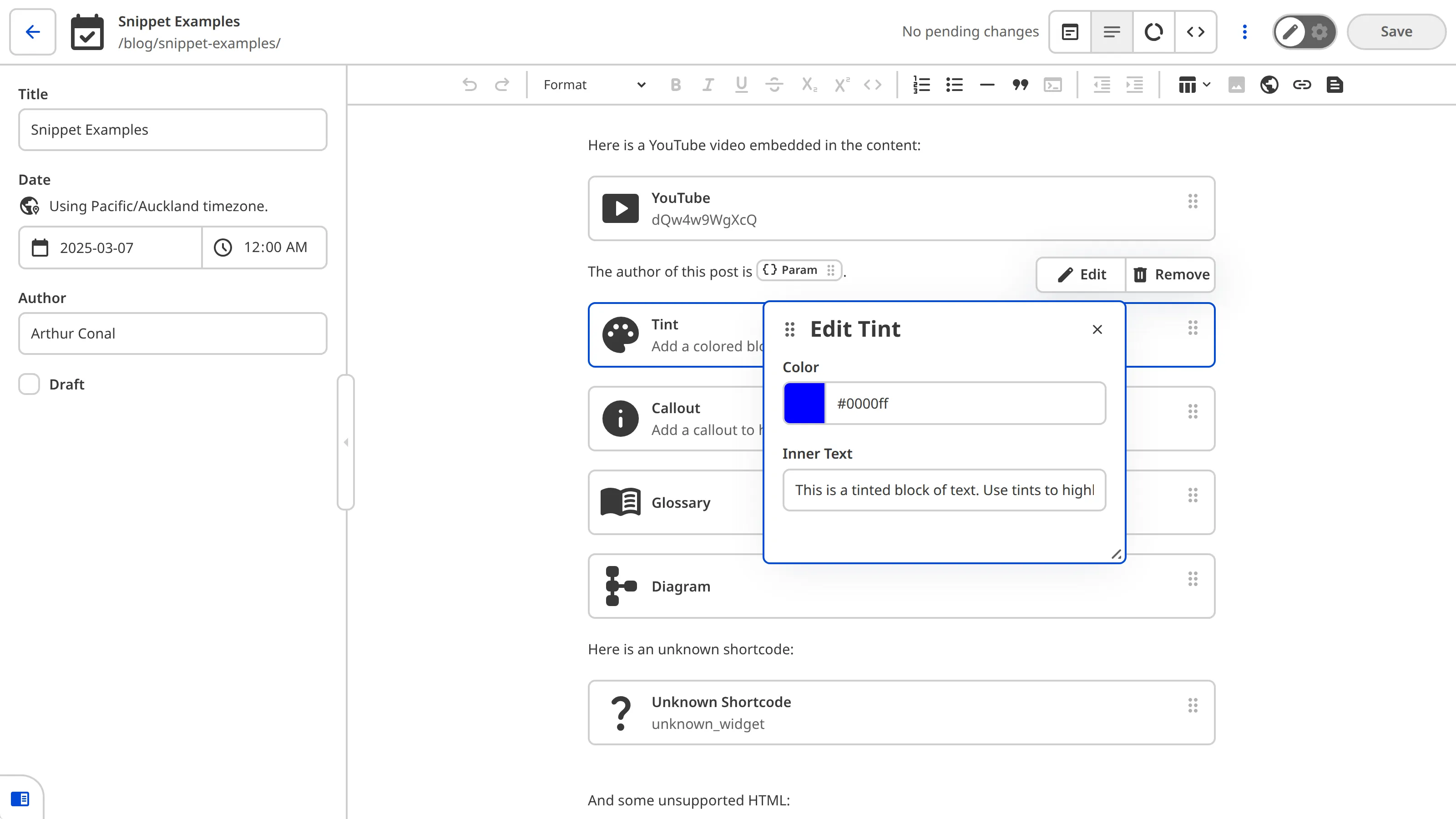The Content Editor showing a Tint Snippet block selected with the data editor panel open, displaying Color and Inner Text inputs.