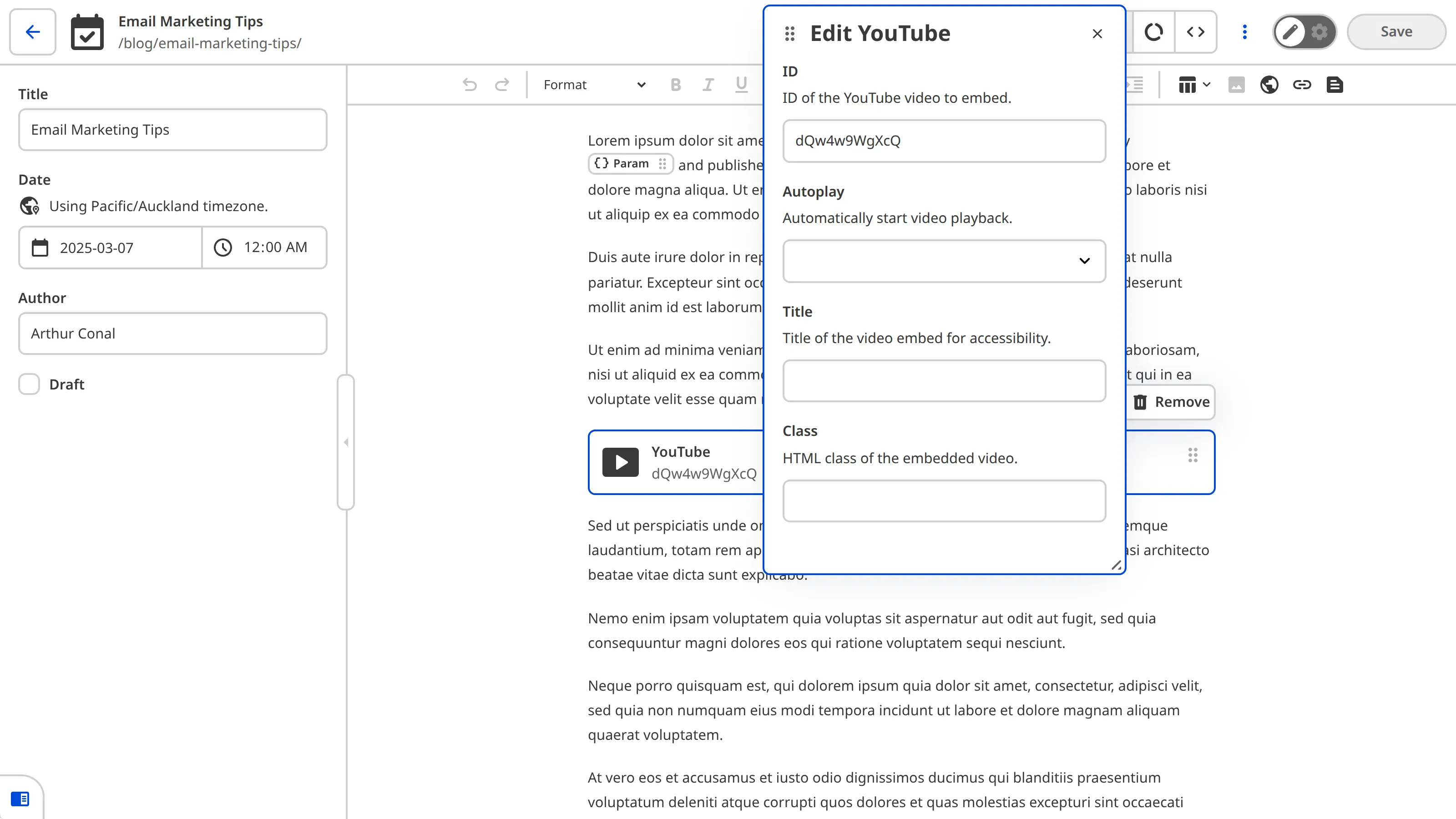 The Content Editor The Content Editor shows a YouTube snippet in the rich text content with its data panel open for editing.