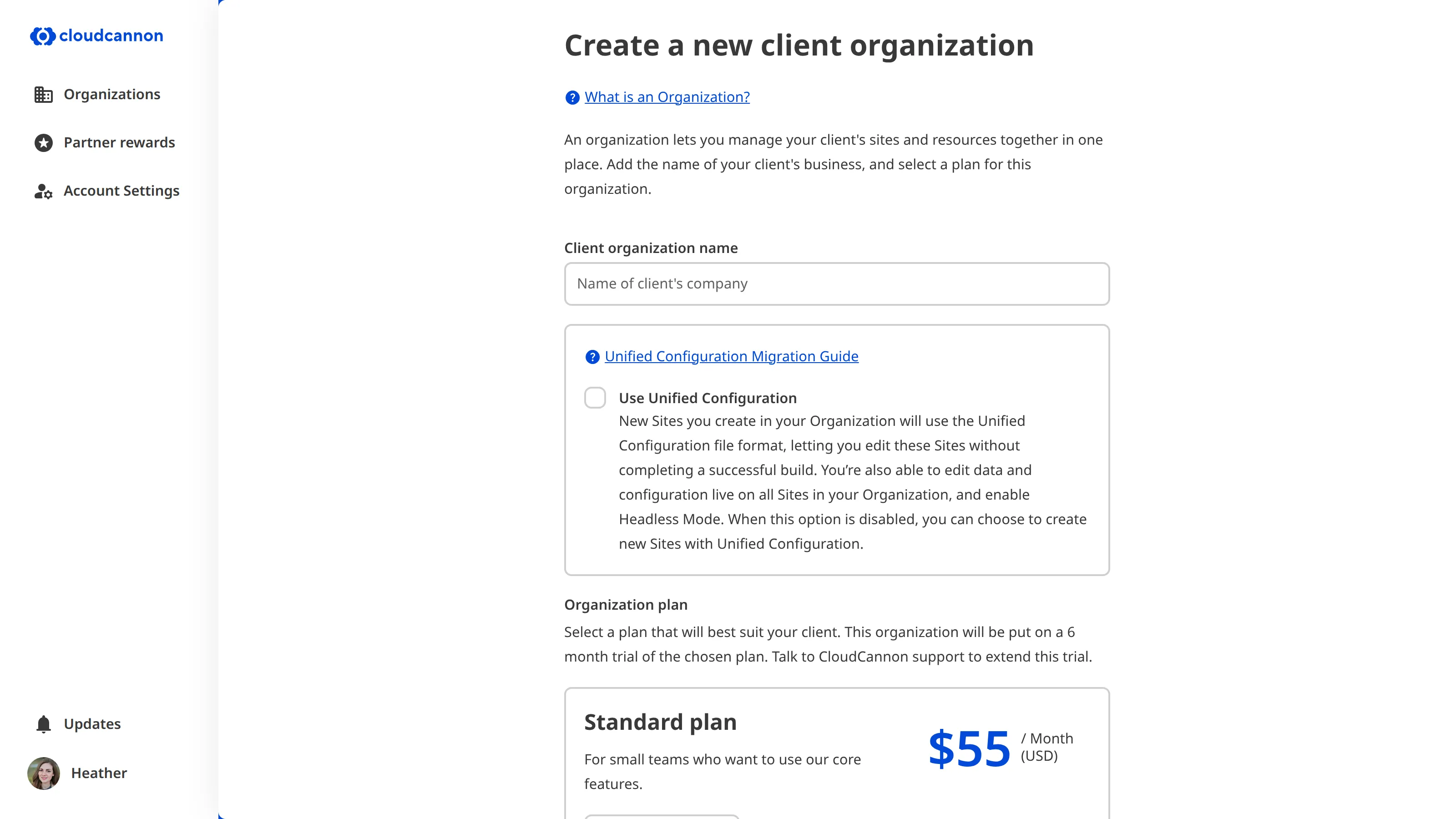 A screenshot of the Create a new Client Organization page shows a filed for Org name, Unified Configuration, and pricing plan.