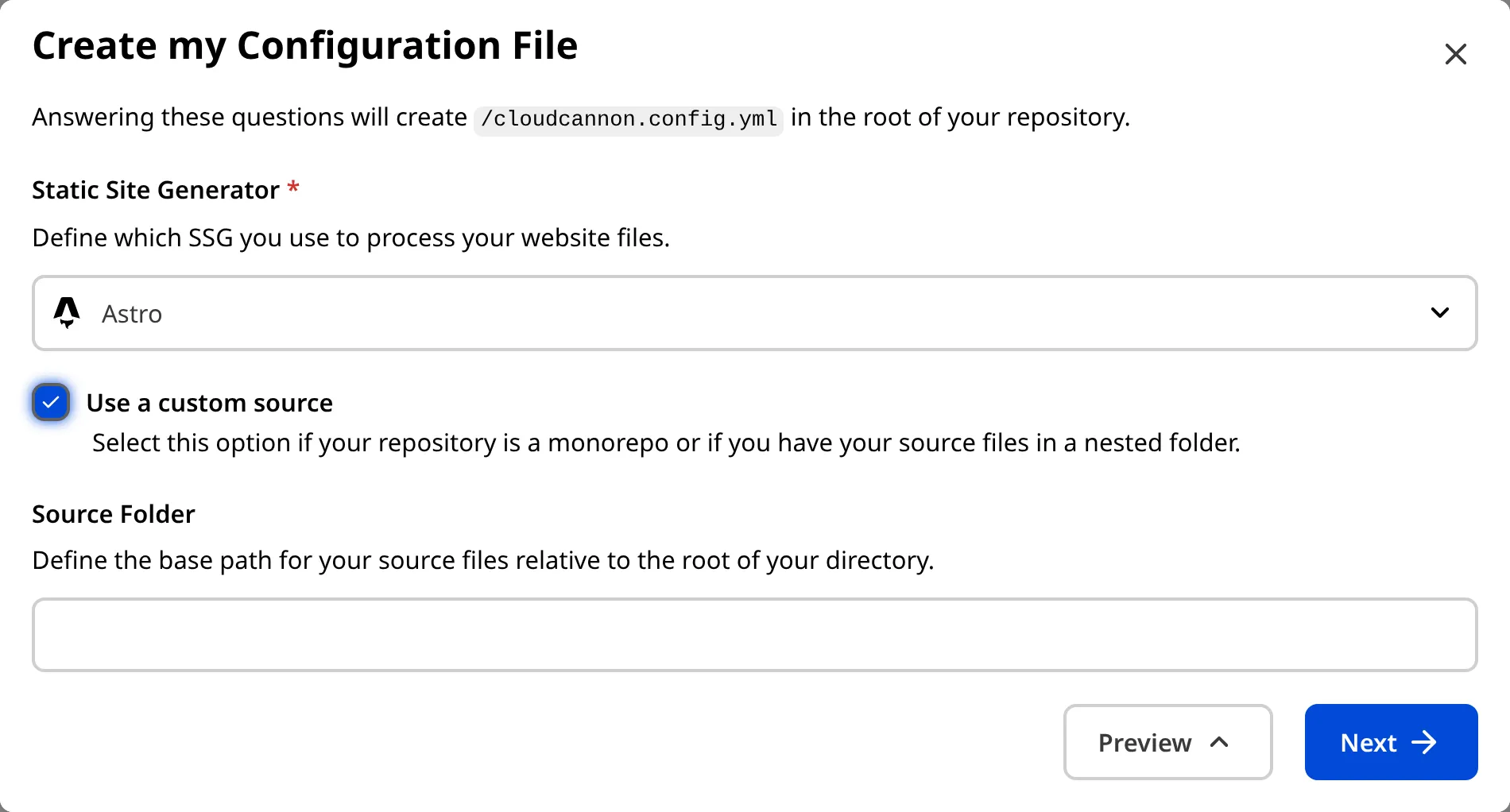 A screenshot of the Create my Configuration File modal shows a checkbox for Use a custom source and a text field for Source Folder.