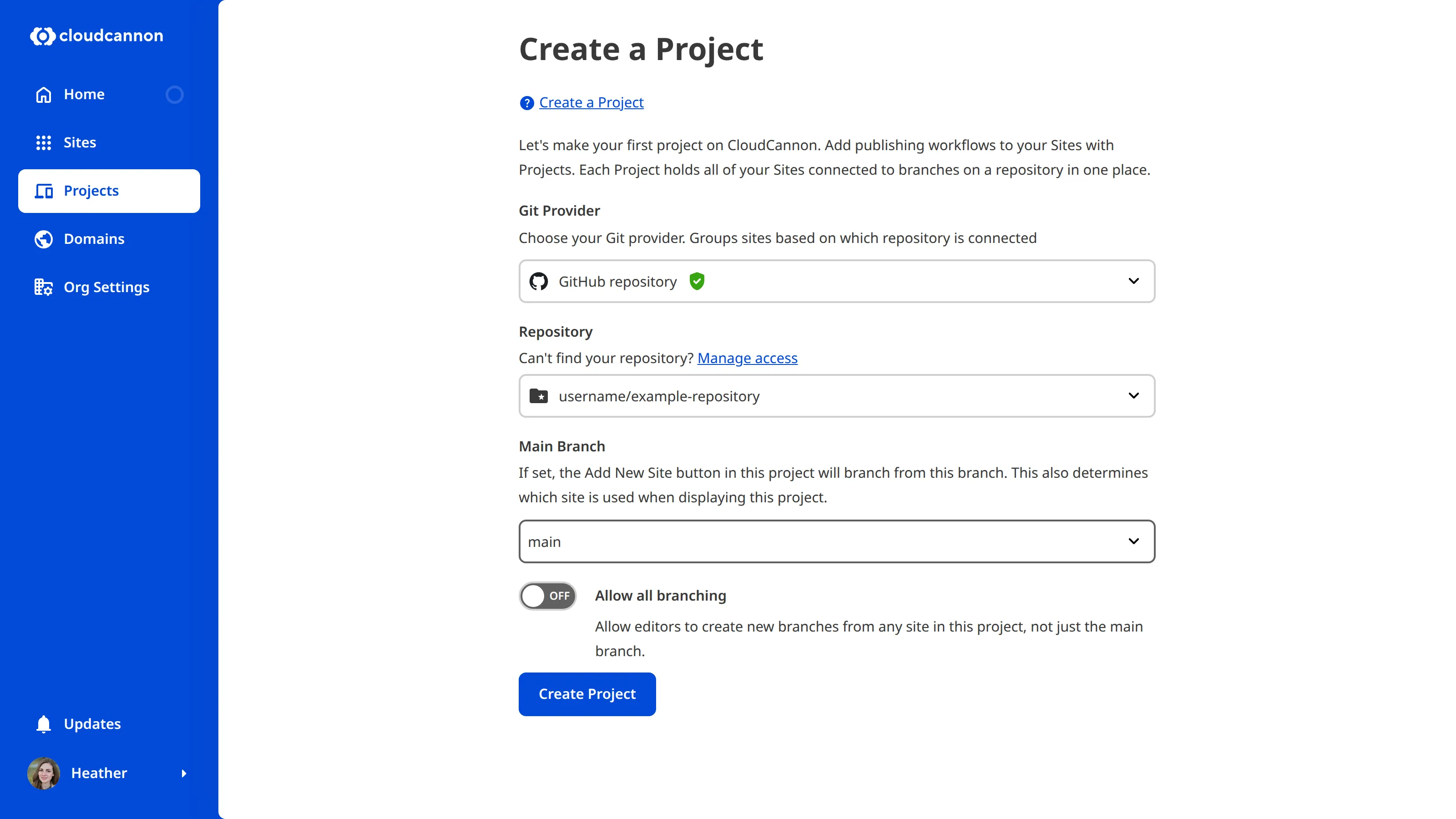 A screenshot of the Create a Project form with all fields completed, including Git Provider, Repository, and Main Branch.