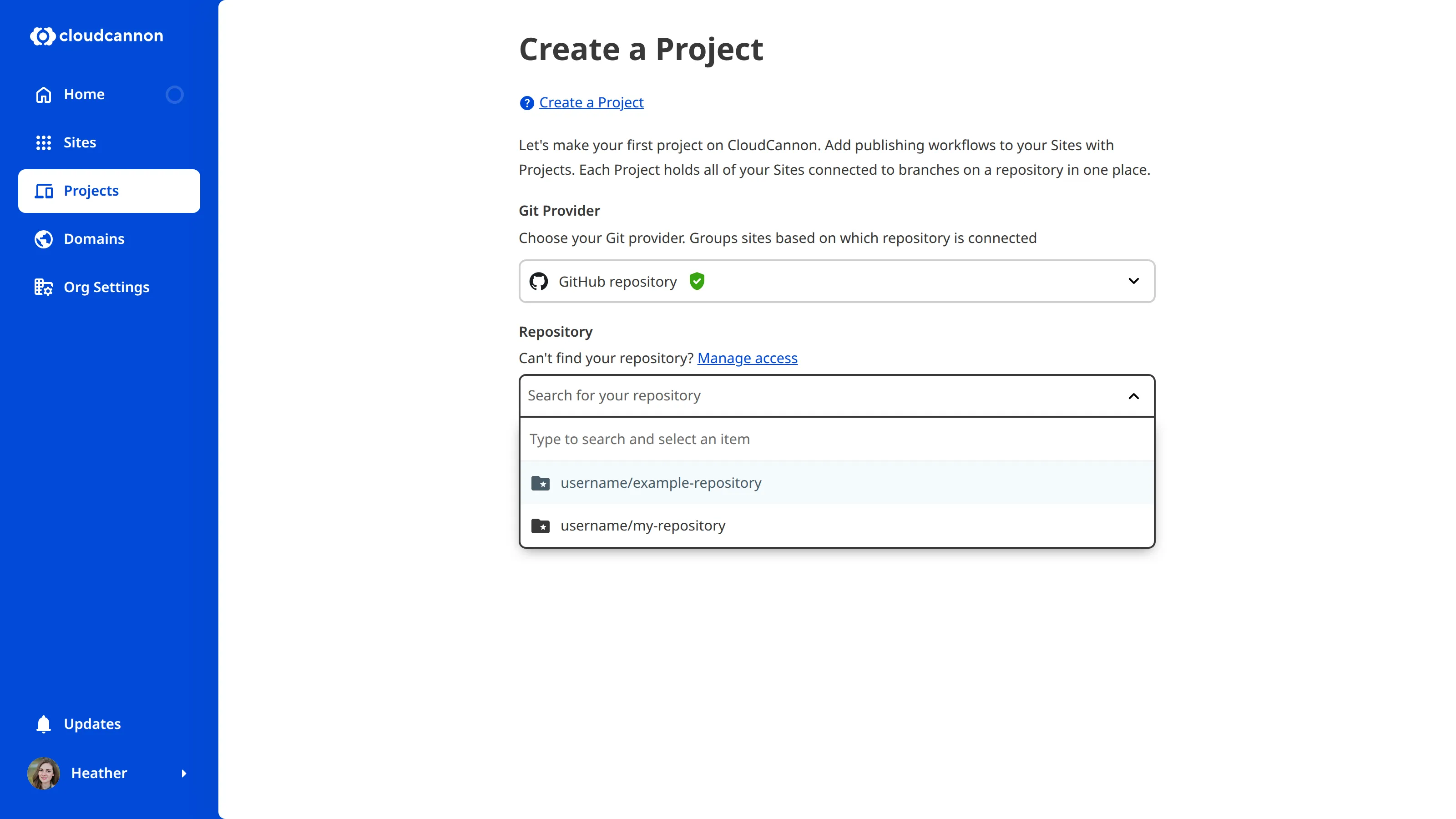 A screenshot of the Create a Project page shows fields for Git Provider, Repository, Main Branch, and other settings.
