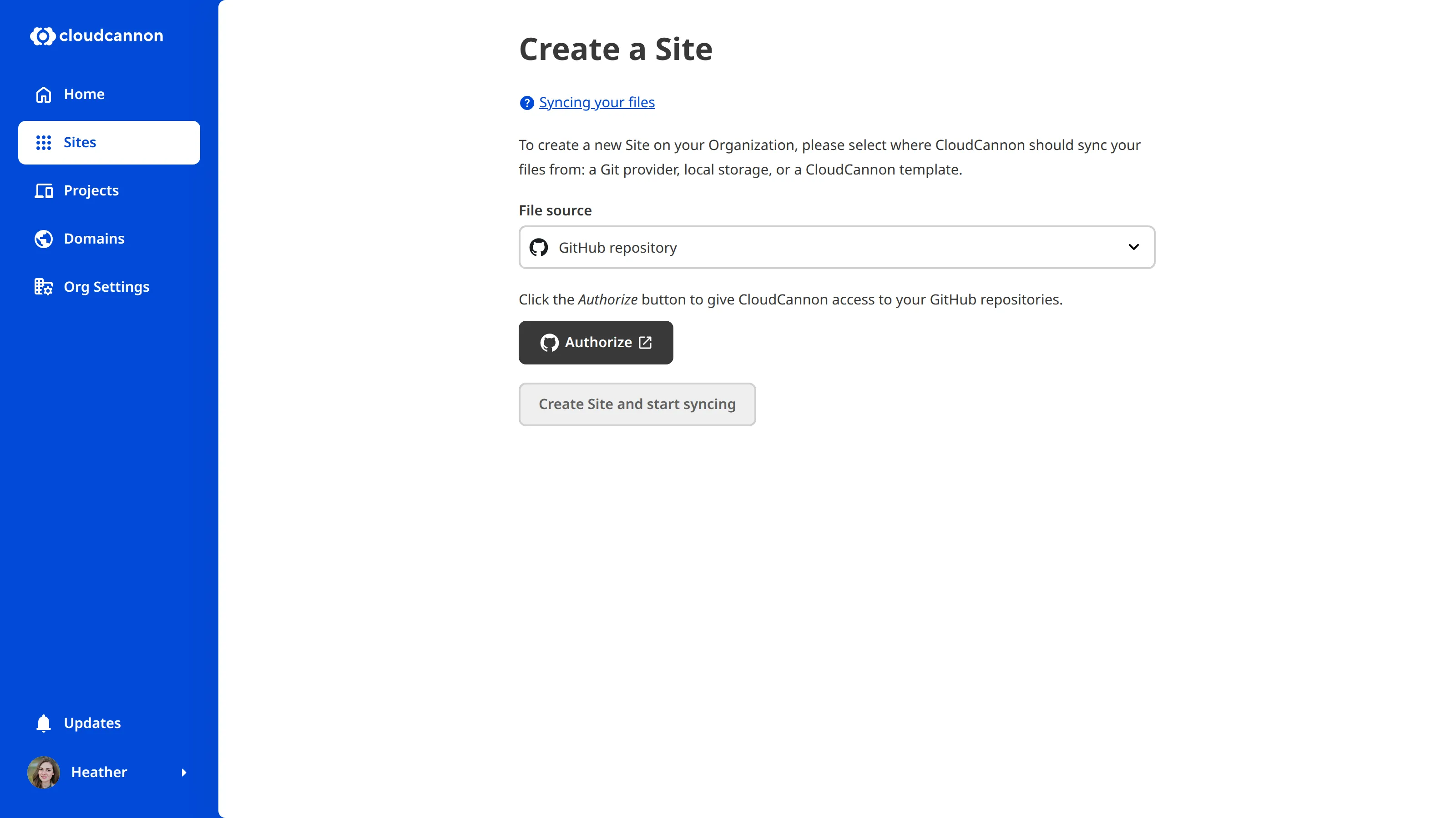 The Create a Site page A screenshot of the Create a Site page shows an Authenticate button to approve CloudCannon's access to GitHub.