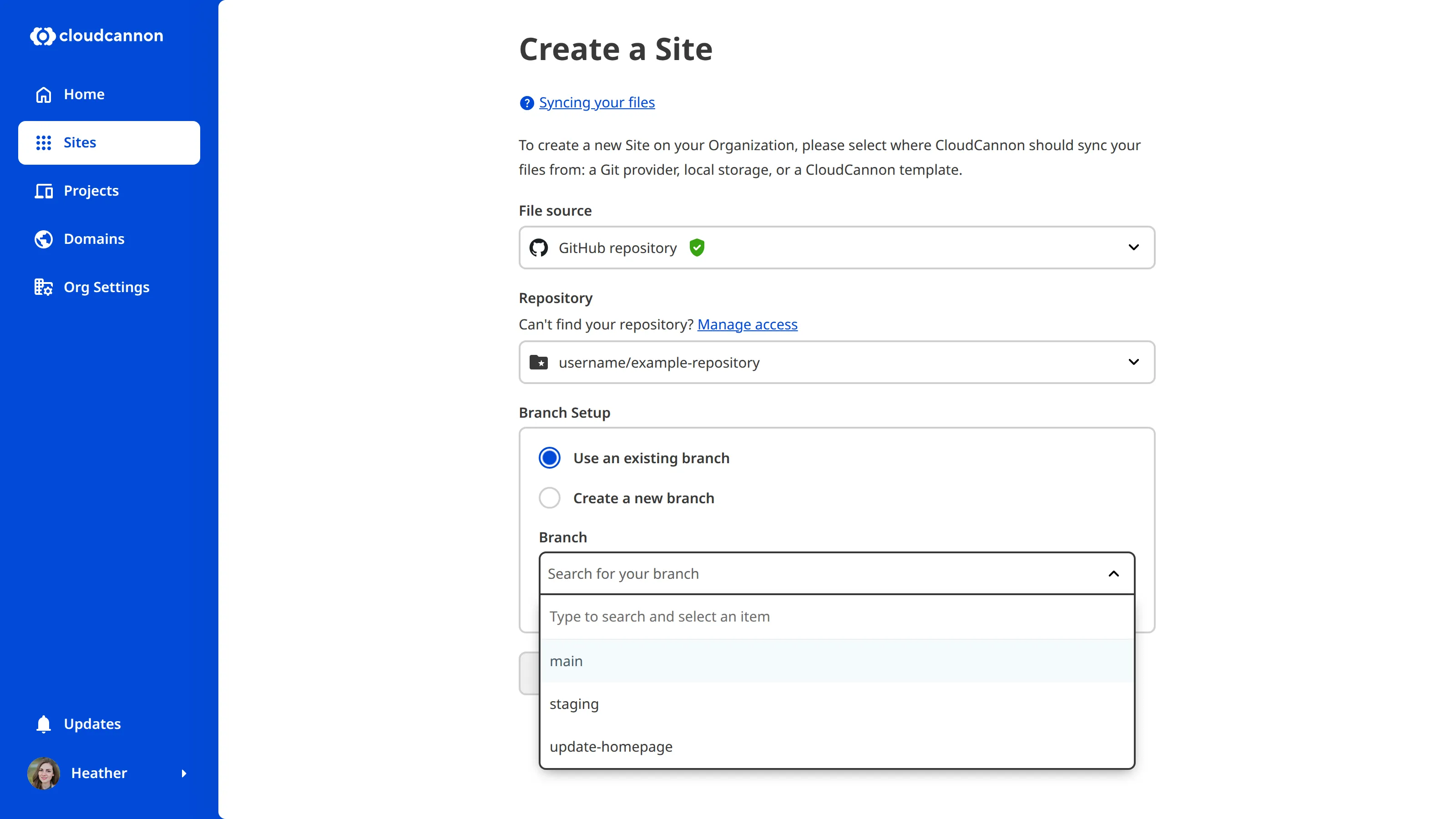 The Create a Site page A screenshot of the Create a Site page shows the Use an existing branch radio button and the Branch dropdown.