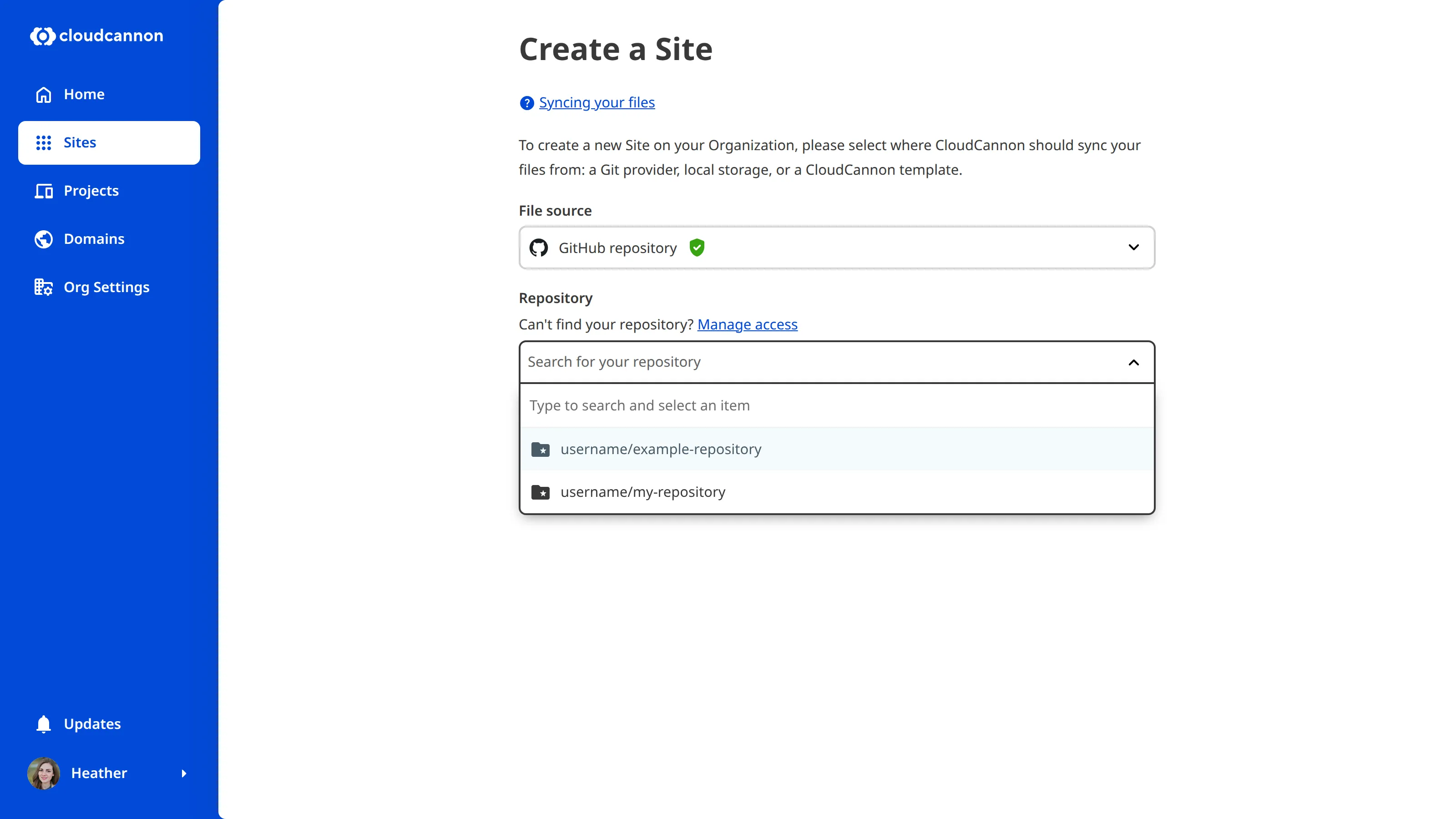 The Create a Site page A screenshot of the Create a Site page shows the Repository dropdown with several options.