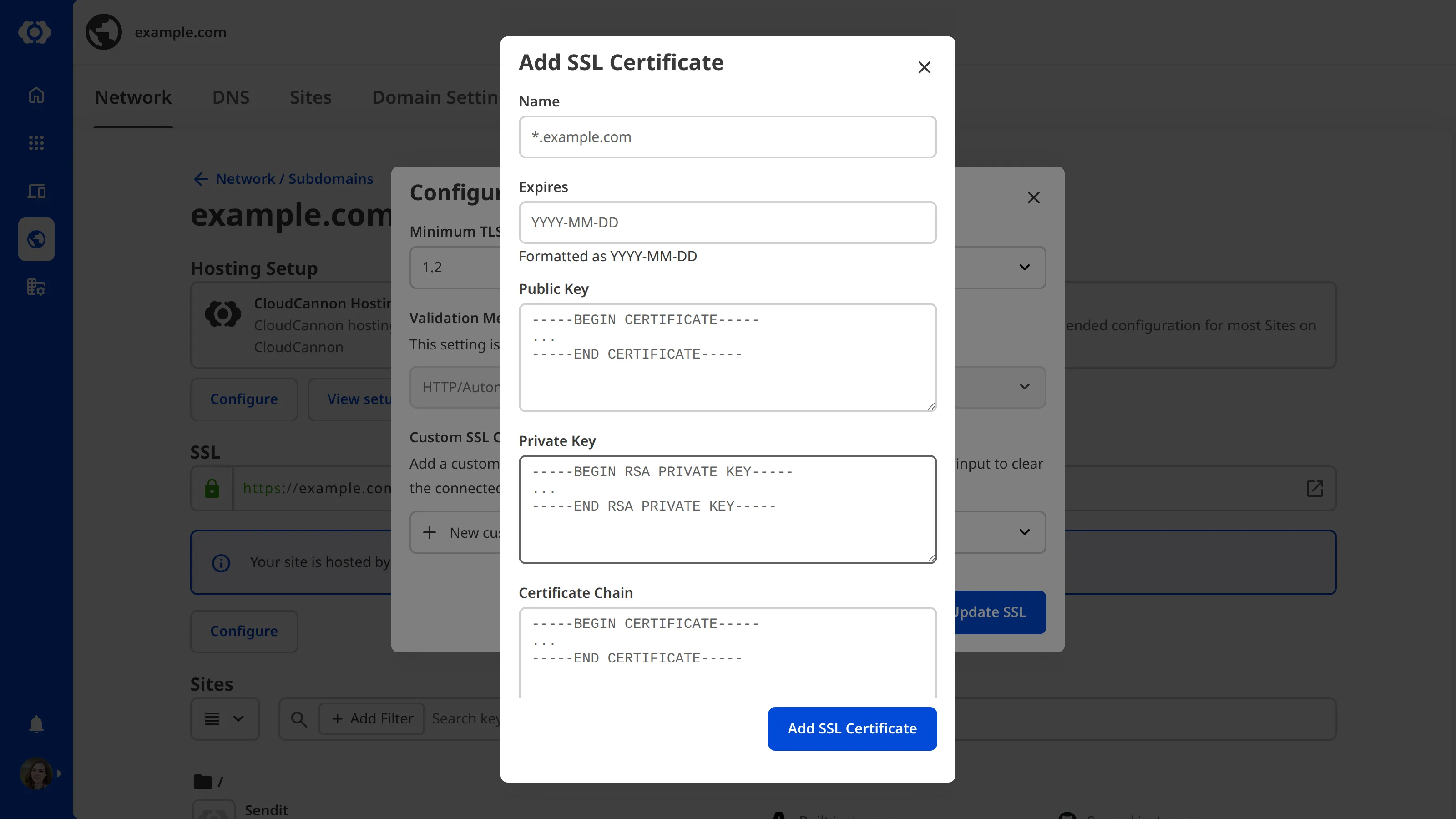 A screenshot of the Add SSL Certificate modal showing fields for Name, Expires, Public Key, Private Key, and Certificate Chain.