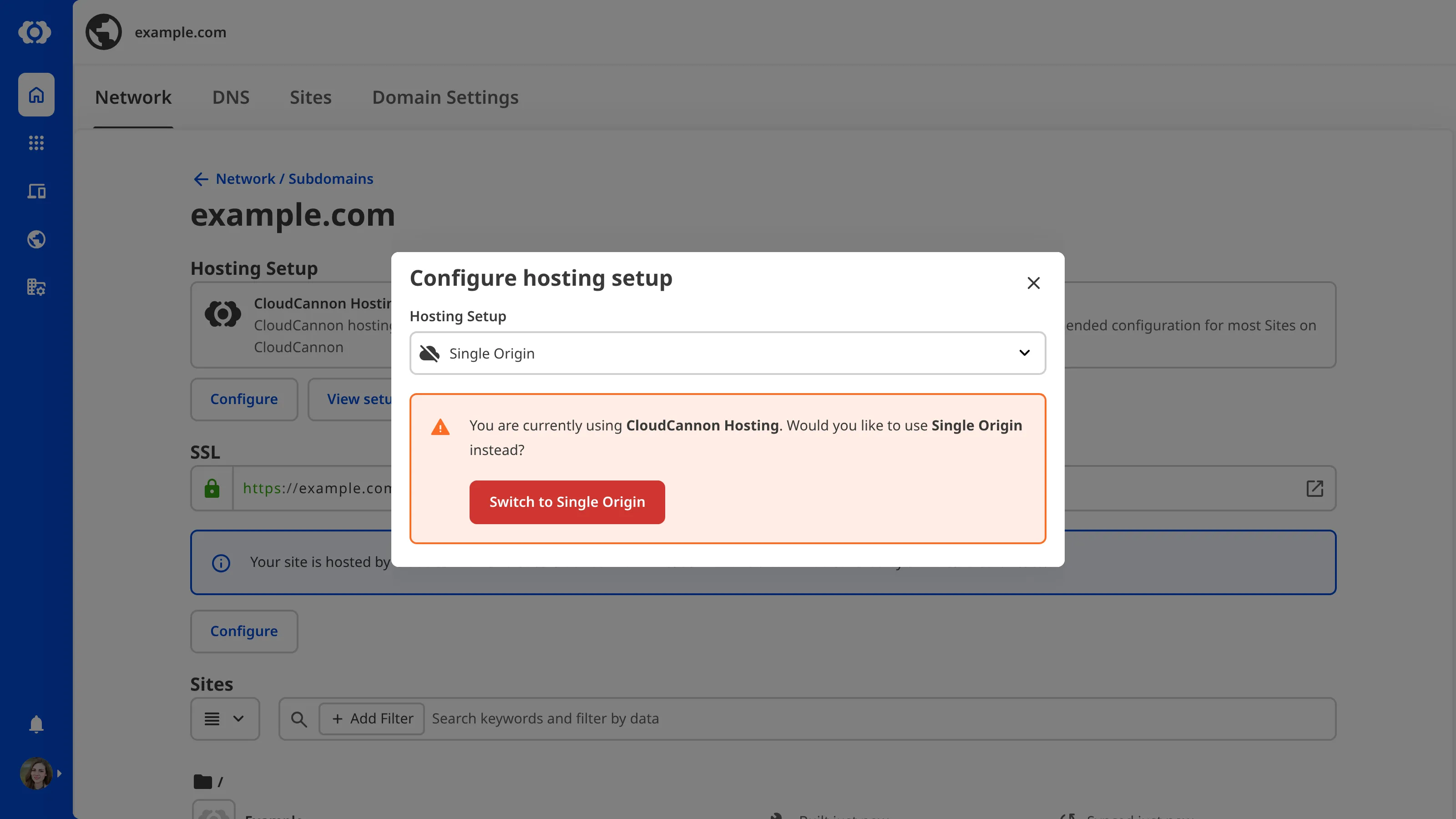 A screenshot of the Custom Domain page shows the Single Origin option in the Hosting Setup dropdown.