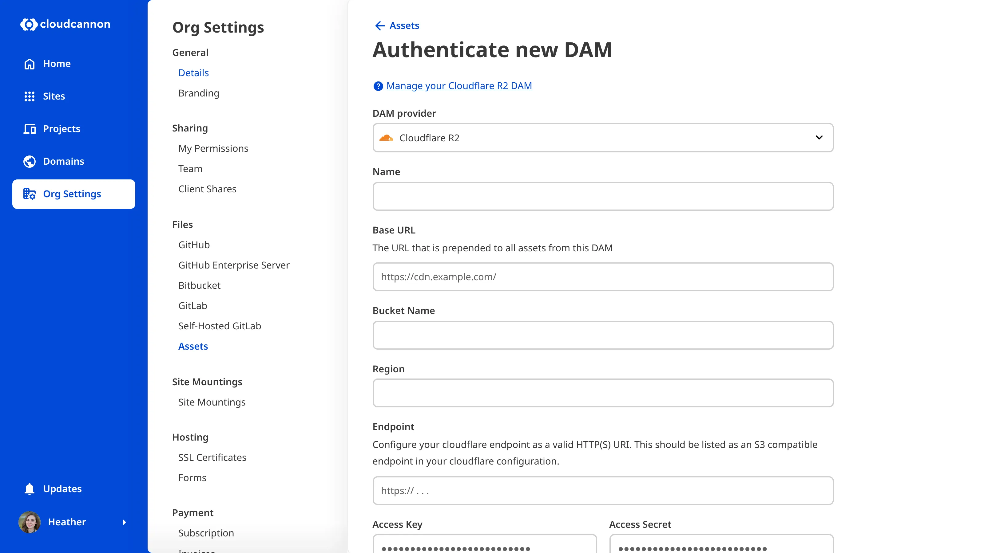 The form for authenticating an R2 DAM Screenshot of the CloudCannon form for authenticating an R2 DAM