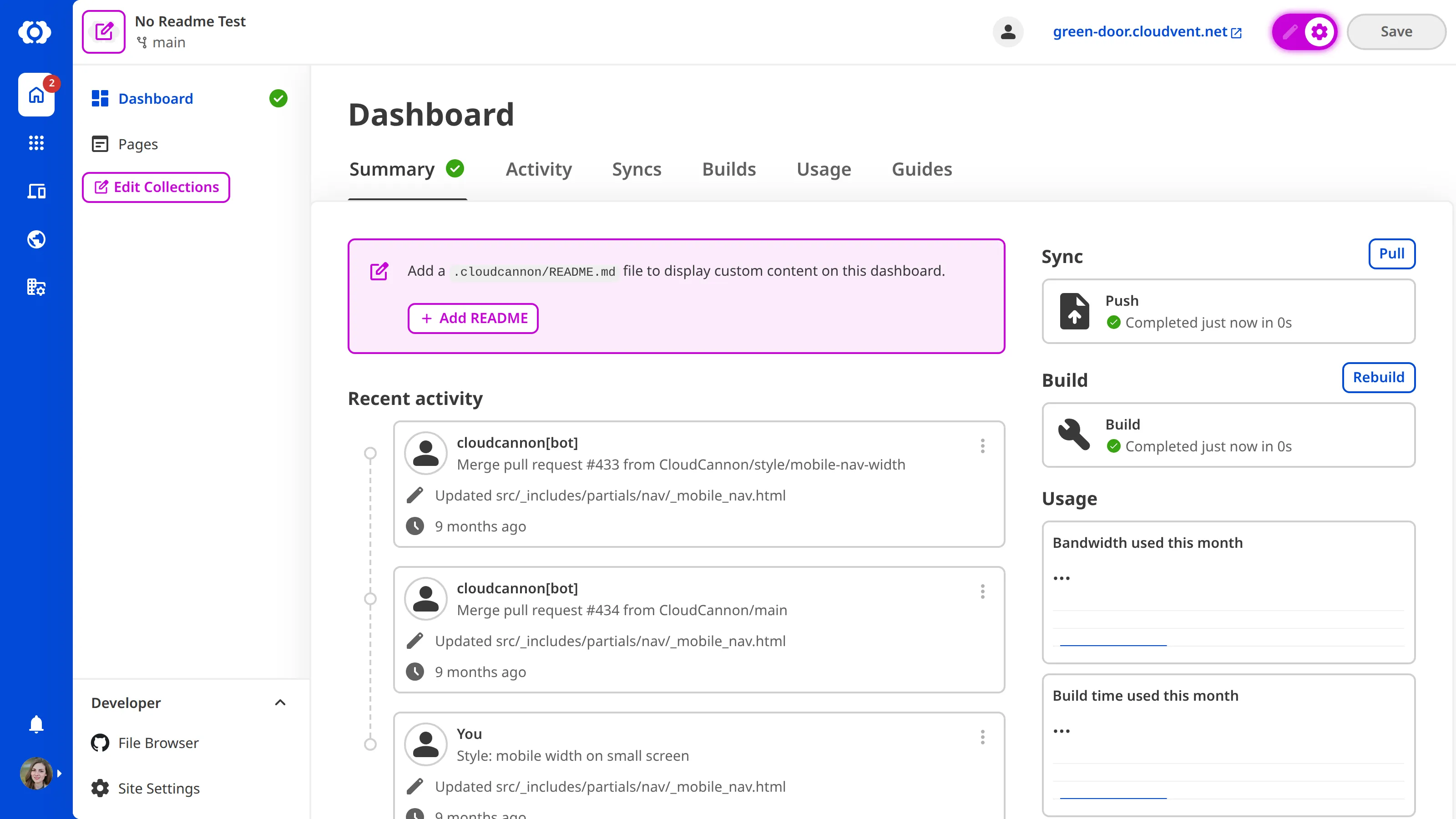 A screenshot of the Site Dashboard with Configuration Mode on shows a purple + Add README button.