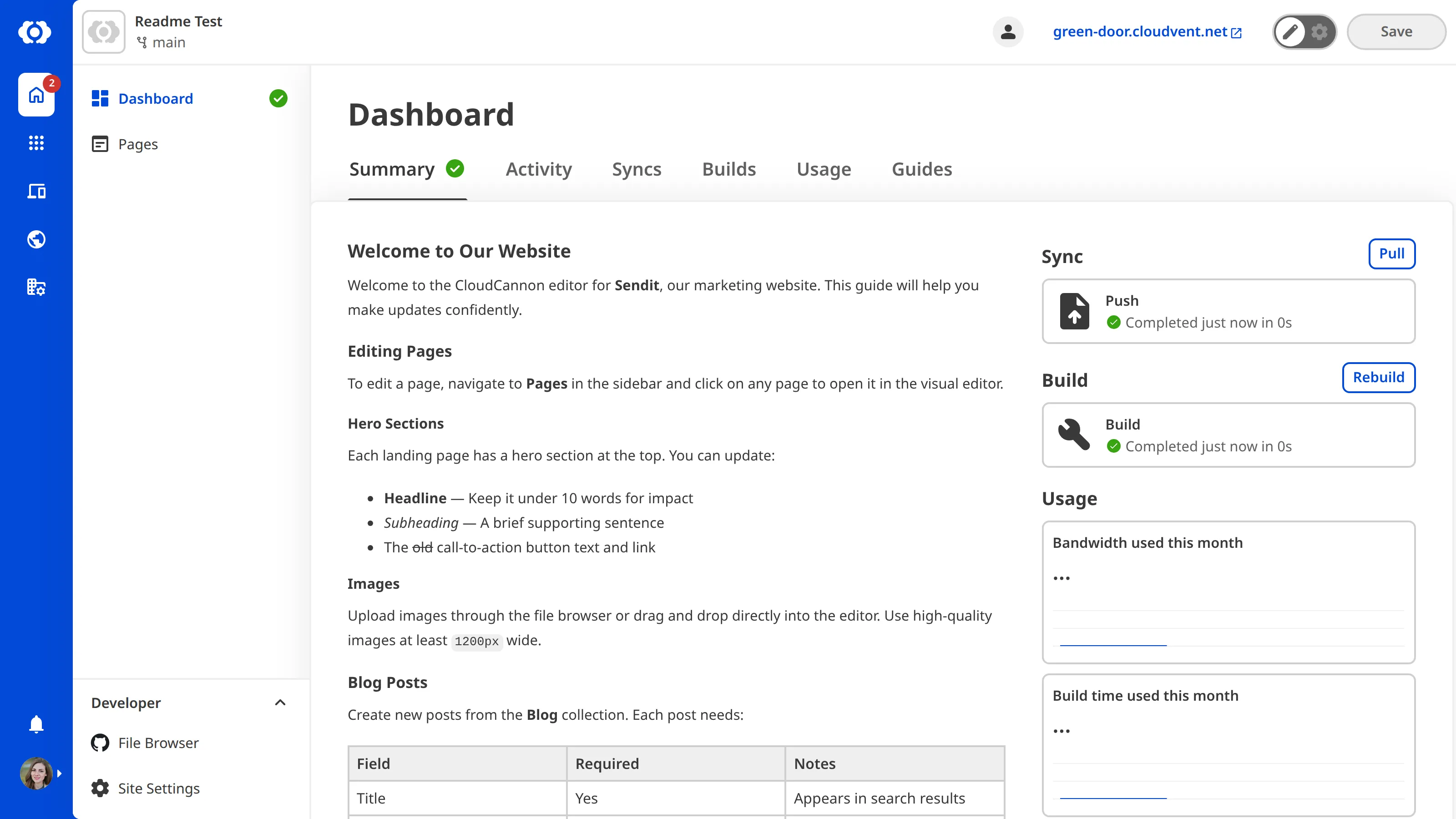 The Site Dashboard with README A screenshot of the Site Dashboard shows custom Markdown content at the top of the Summary tab.