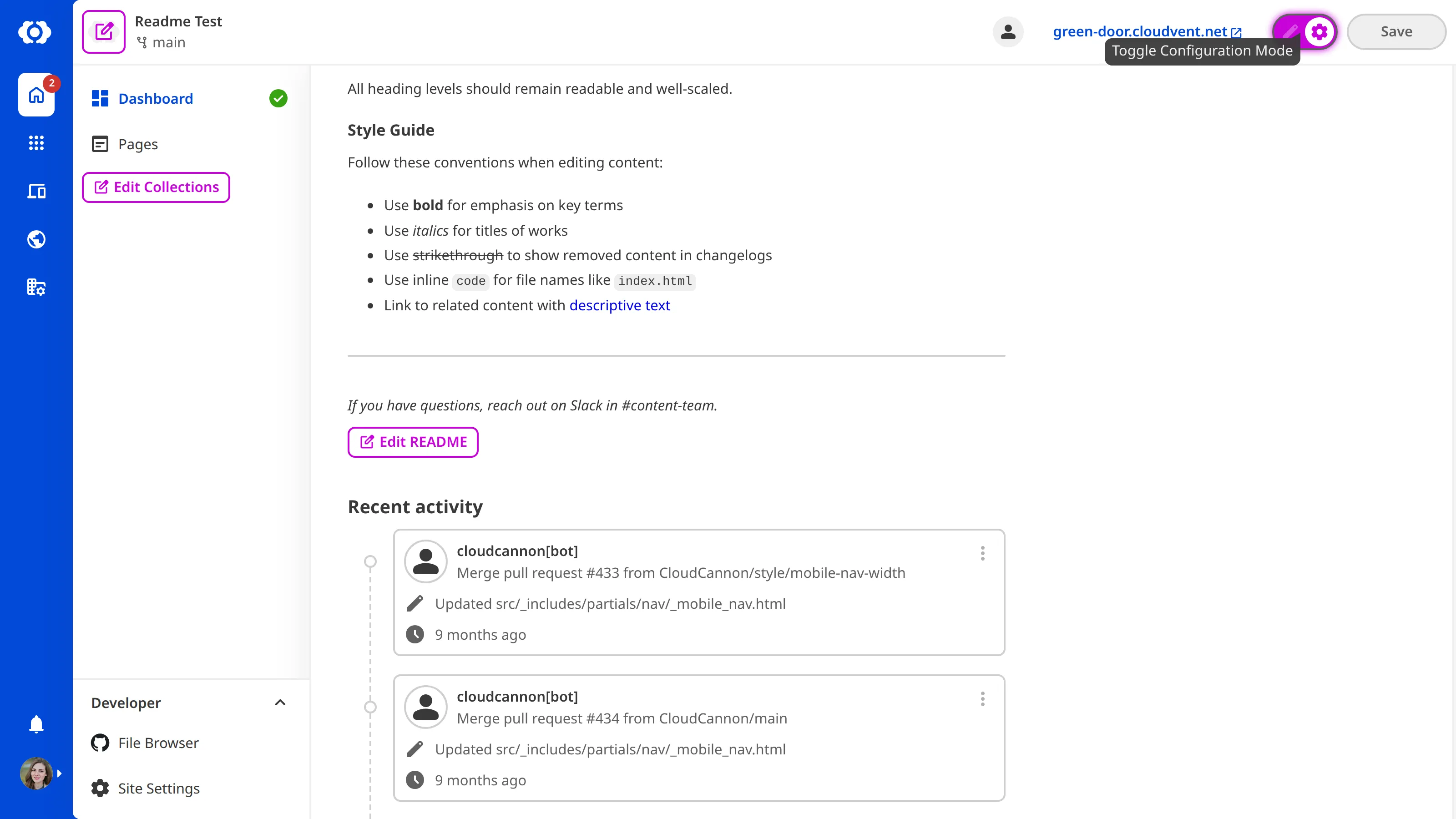 A screenshot of the Site Dashboard with Configuration Mode on shows a purple Edit README button.