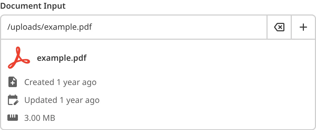 The Document Input A screenshot of the Document Input in the Data Editor shows the preview and metadata for the selected PDF file.