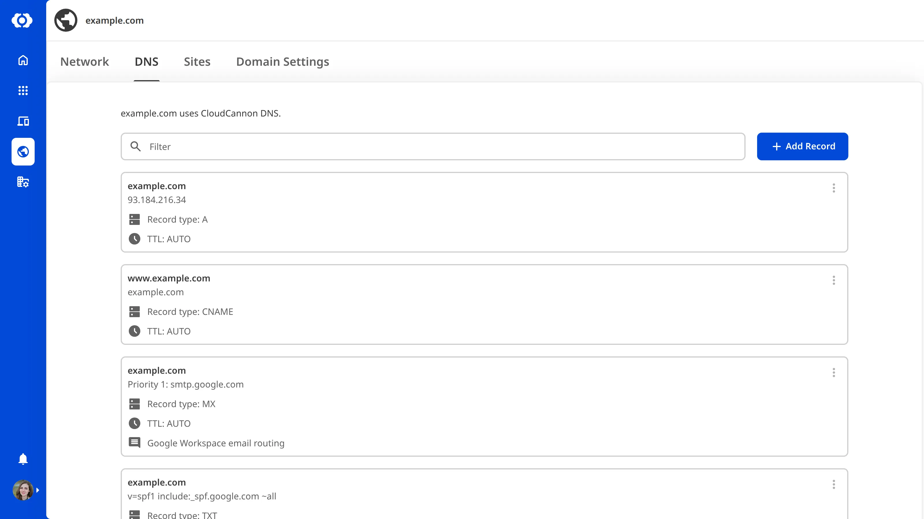 A screenshot of the DNS tab on the Domain page shows a list of DNS records including A, CNAME, MX, and TXT records.