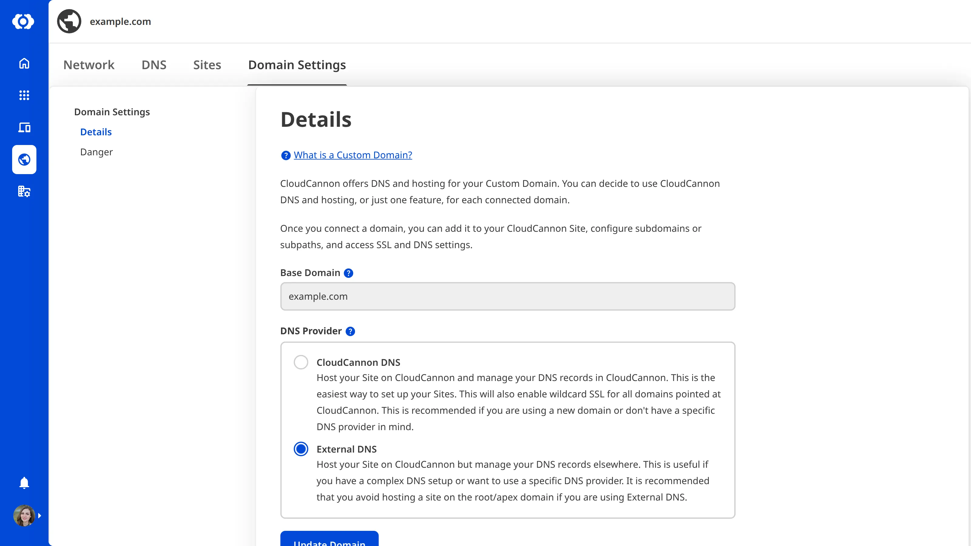 A screenshot of the Domain Settings page shows the DNS Provider dropdown is set to External DNS.