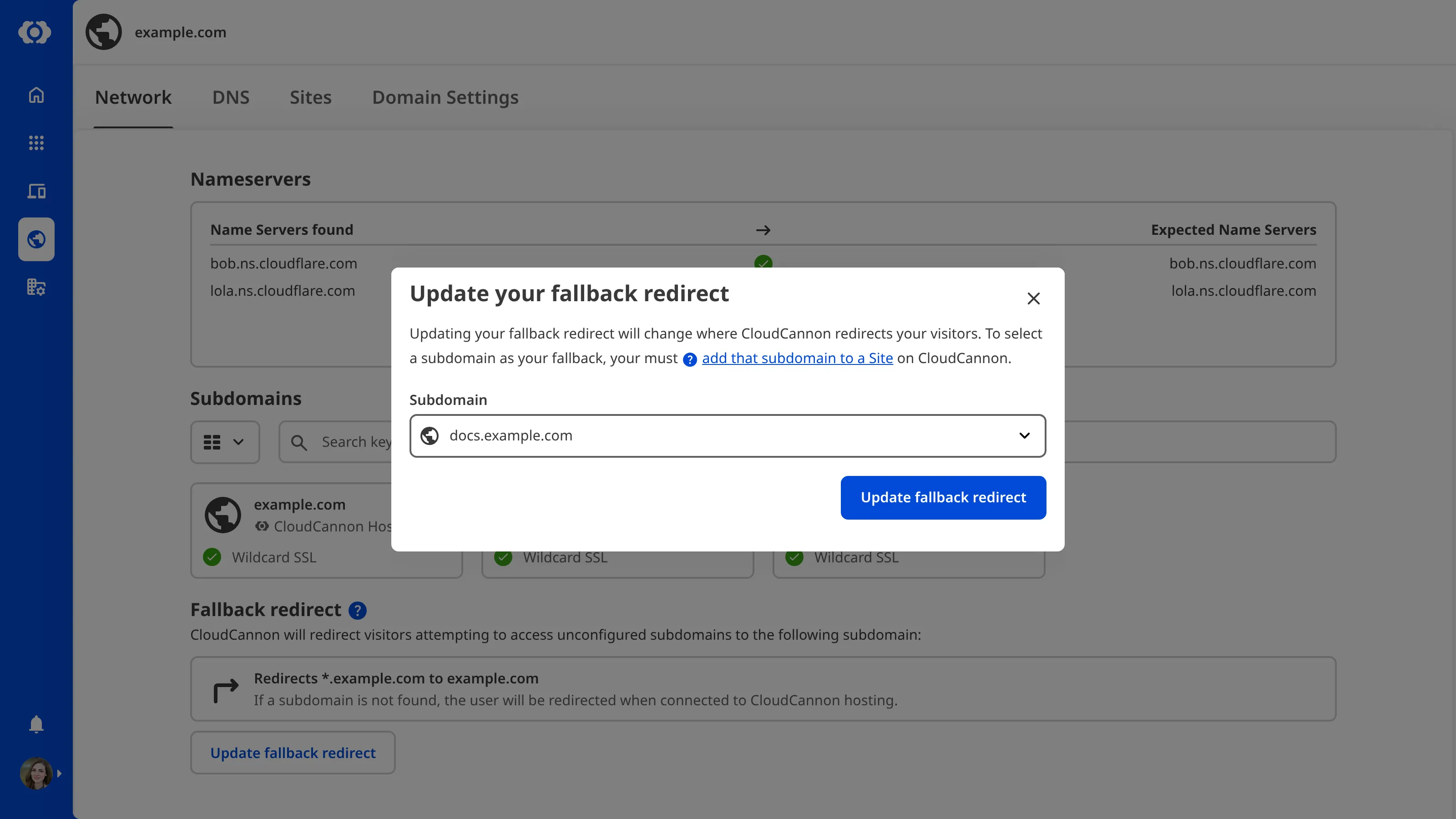 A screenshot of the Update your fallback redirect modal on the Network tab shows a Subdomain dropdown for selecting a new fallback redirect.