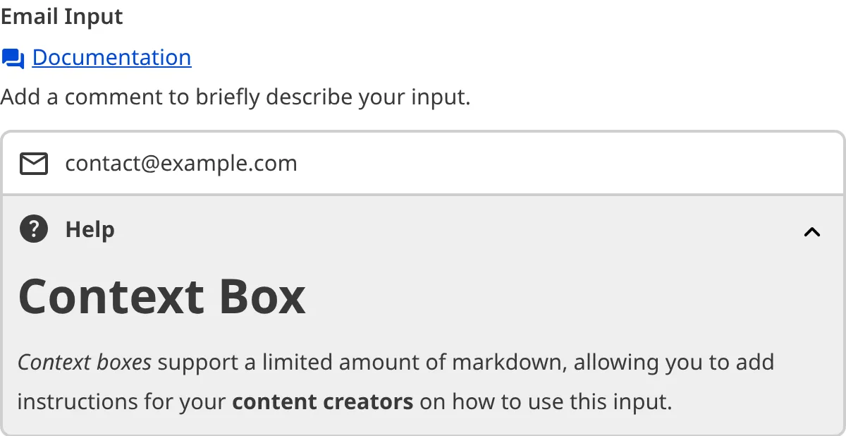 A close up of an email input in the Data Editor shows a label, comment, text field, and context dropdown.