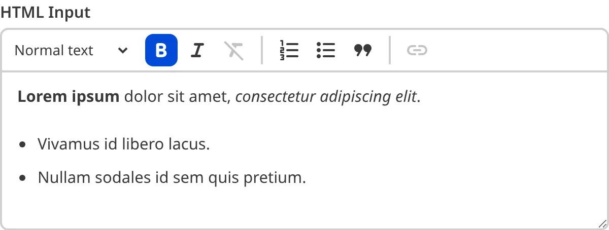 A screenshot of the HTML input in the Data Editor shows a text field and a WYSIWYG toolbar.