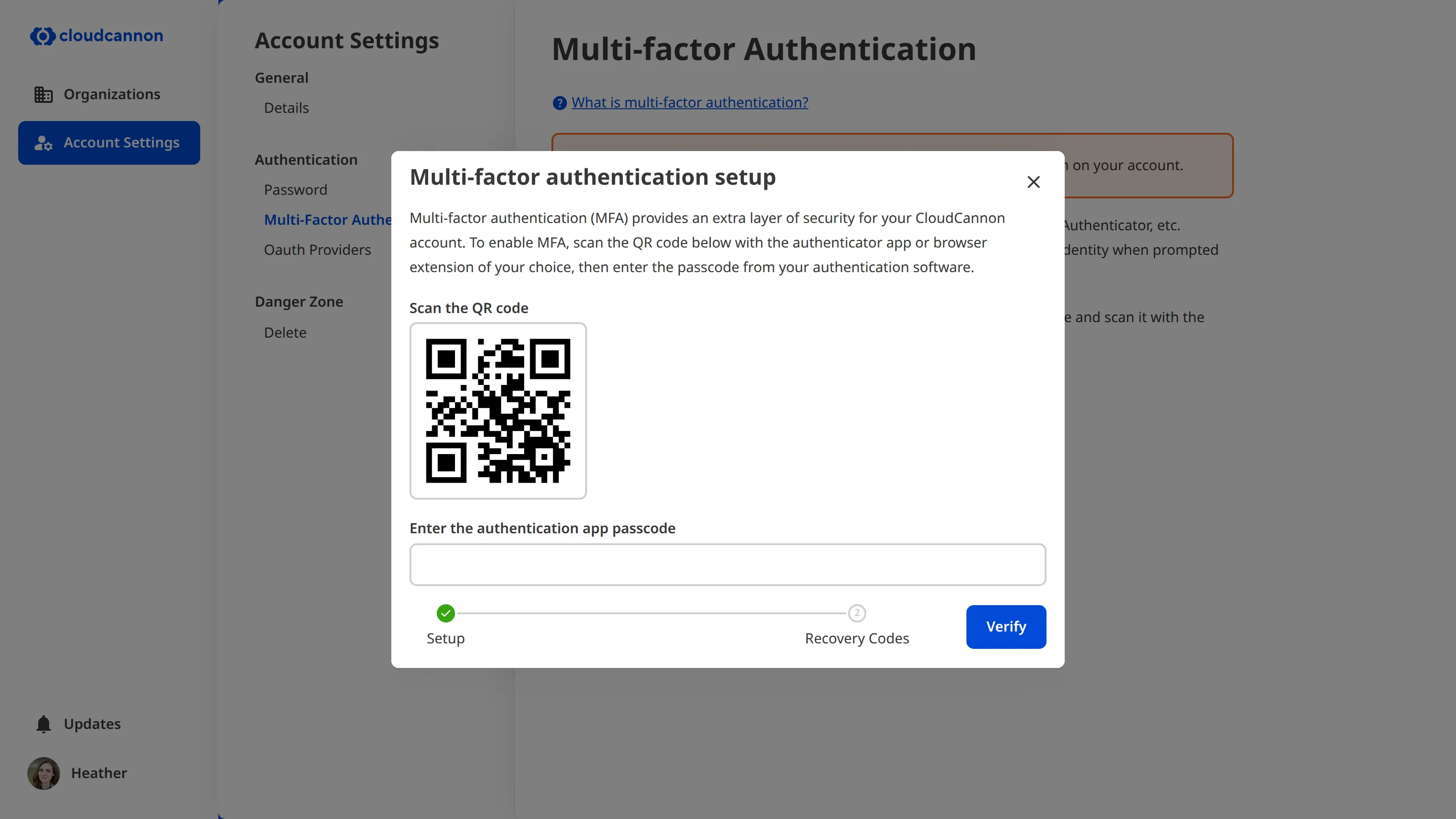 The MFA QR code modal A screenshot of the multi-factor authentication screen, showing the MFA setup modal with a QR code for your third-party authentication app.