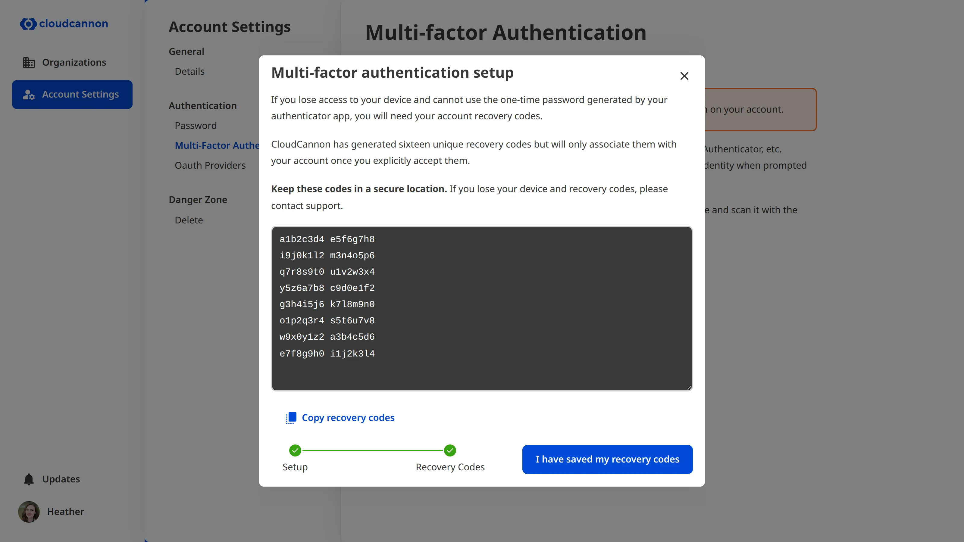 The MFA recovery codes modal A screenshot of the multi-factor authentication screen, showing the MFA setup modal with a list of recovery codes.