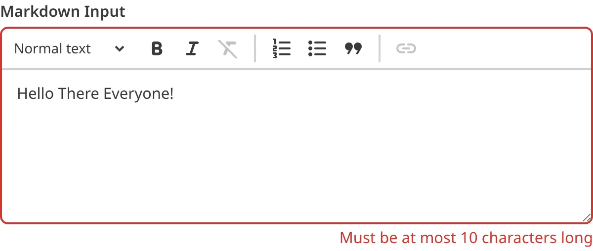 A screenshot of the Markdown input in the Data Editor shows that the value does not meet maximum length requirements.