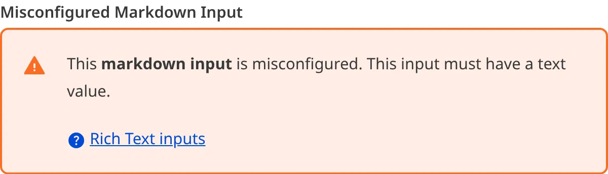 A screenshot of a misconfigured Markdown input in the Data Editor shows an orange warning box.