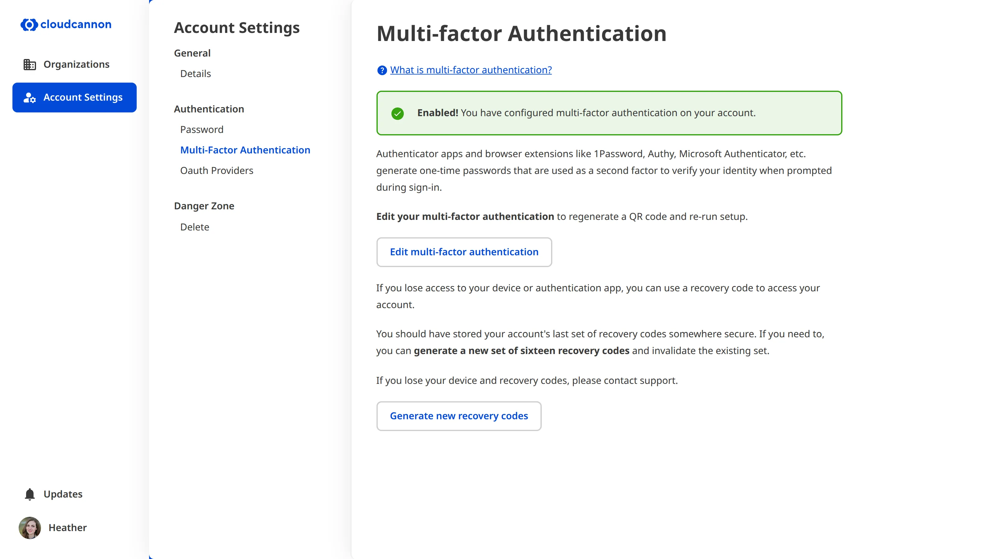 The multi-factor authentication page A screenshot of the multi-factor authentication screen, showing the 'Edit multi-factor authentication' and 'Generate new recovery codes' buttons.