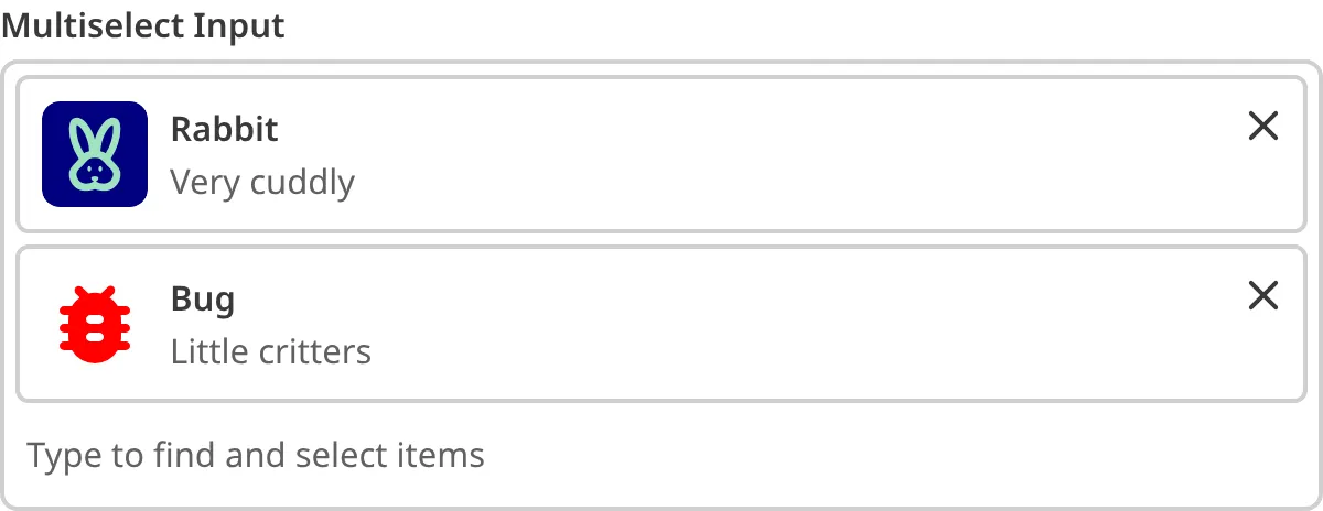 Multiselect Input with Preview A screenshot of the Multiselect Input in the Data Editor shows an icon, icon color, and subtext.