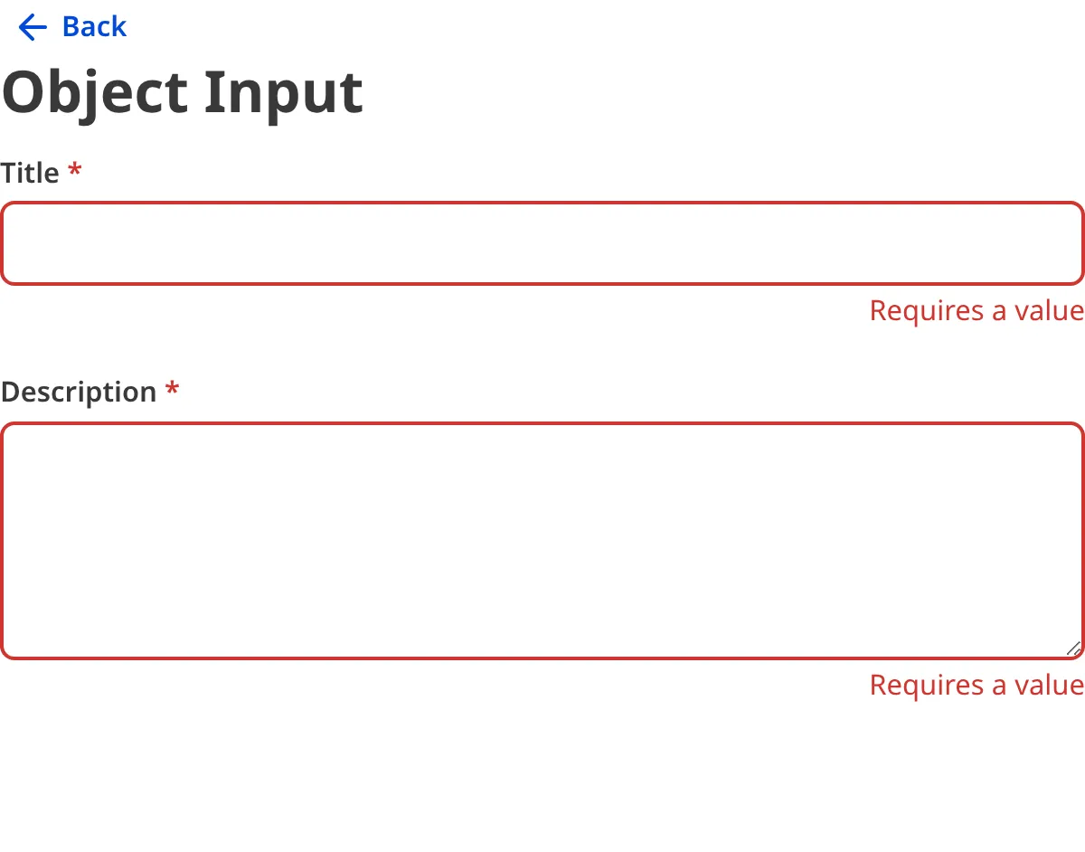 A screenshot of the invalid nested inputs within an Object input in the Data Editor.