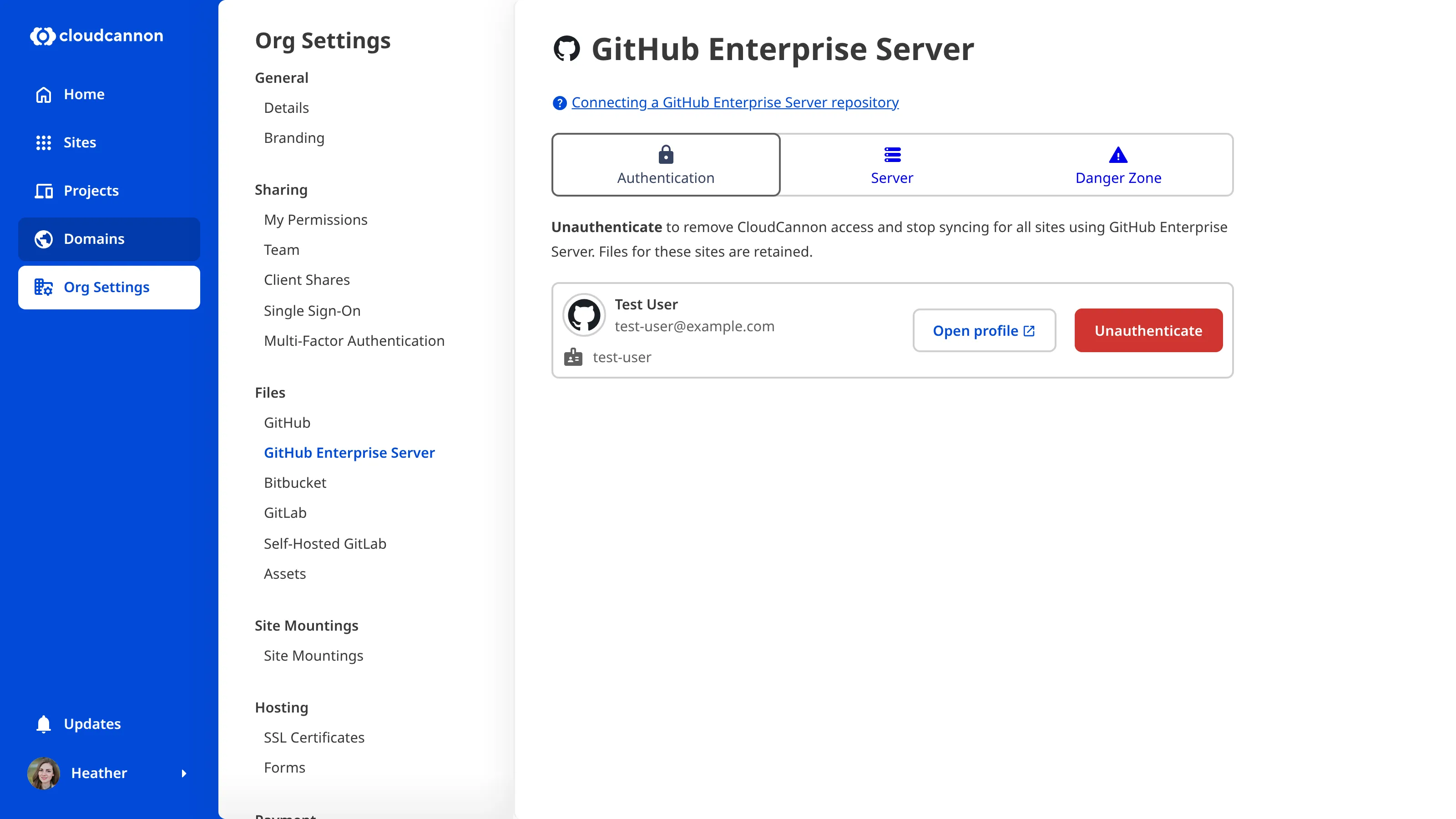 A screenshot of the Organization Settings page for GitHub Enterprise Server shows the configured and authenticated state with Authentication, Server, and Danger Zone tabs.