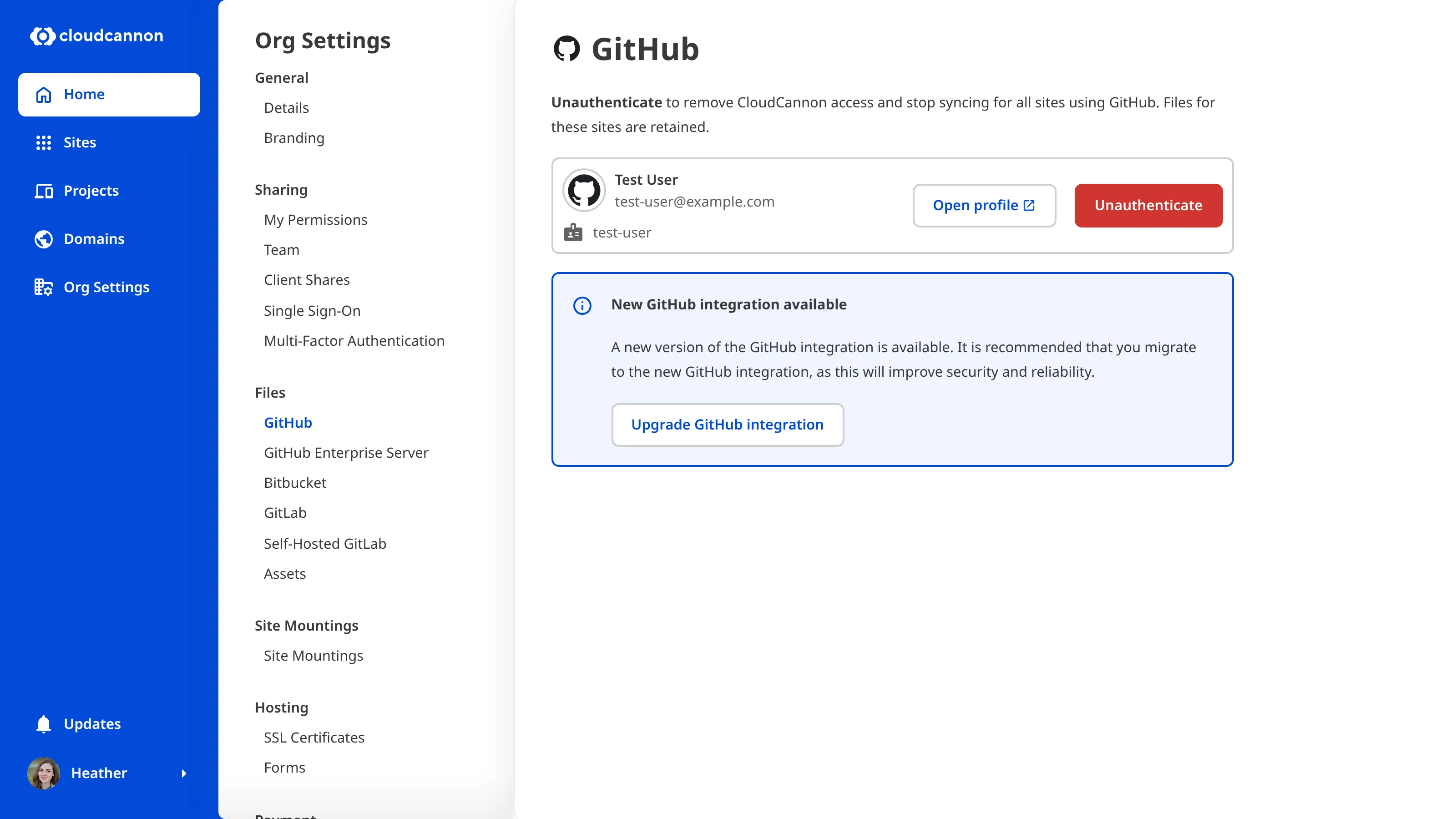 A screenshot of the GitHub Organization Settings page shows a migration banner prompting the user to migrate to the GitHub App integration.