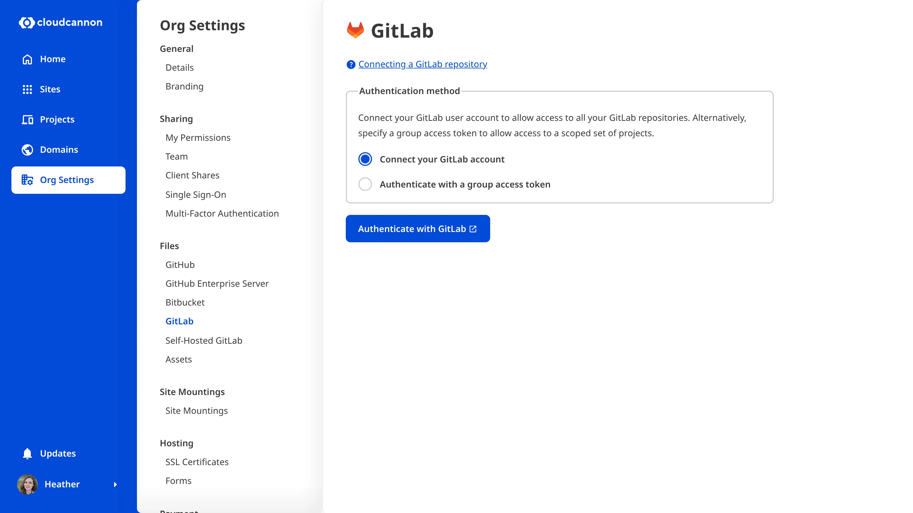 The GitLab Organization Settings page showing the OAuth authentication option with an Authenticate with GitLab button.