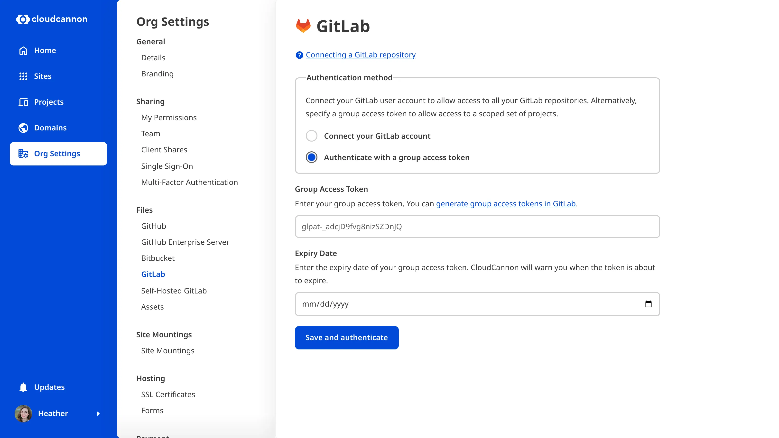 The GitLab Organization Settings page showing the group access token form with fields for the token and expiry date.