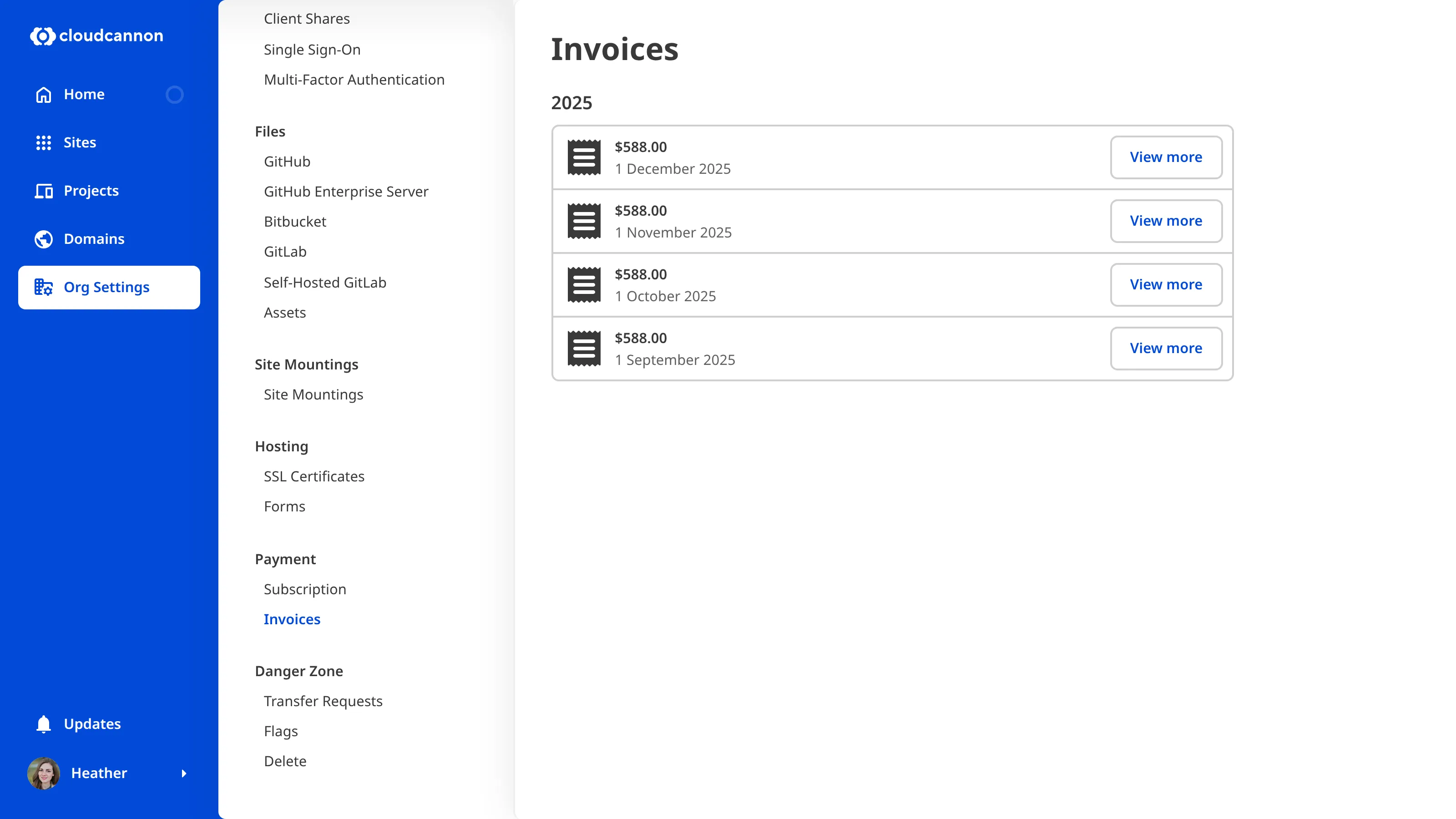 A screenshot of a list of invoices, downloadable as PDFs in CloudCannon.