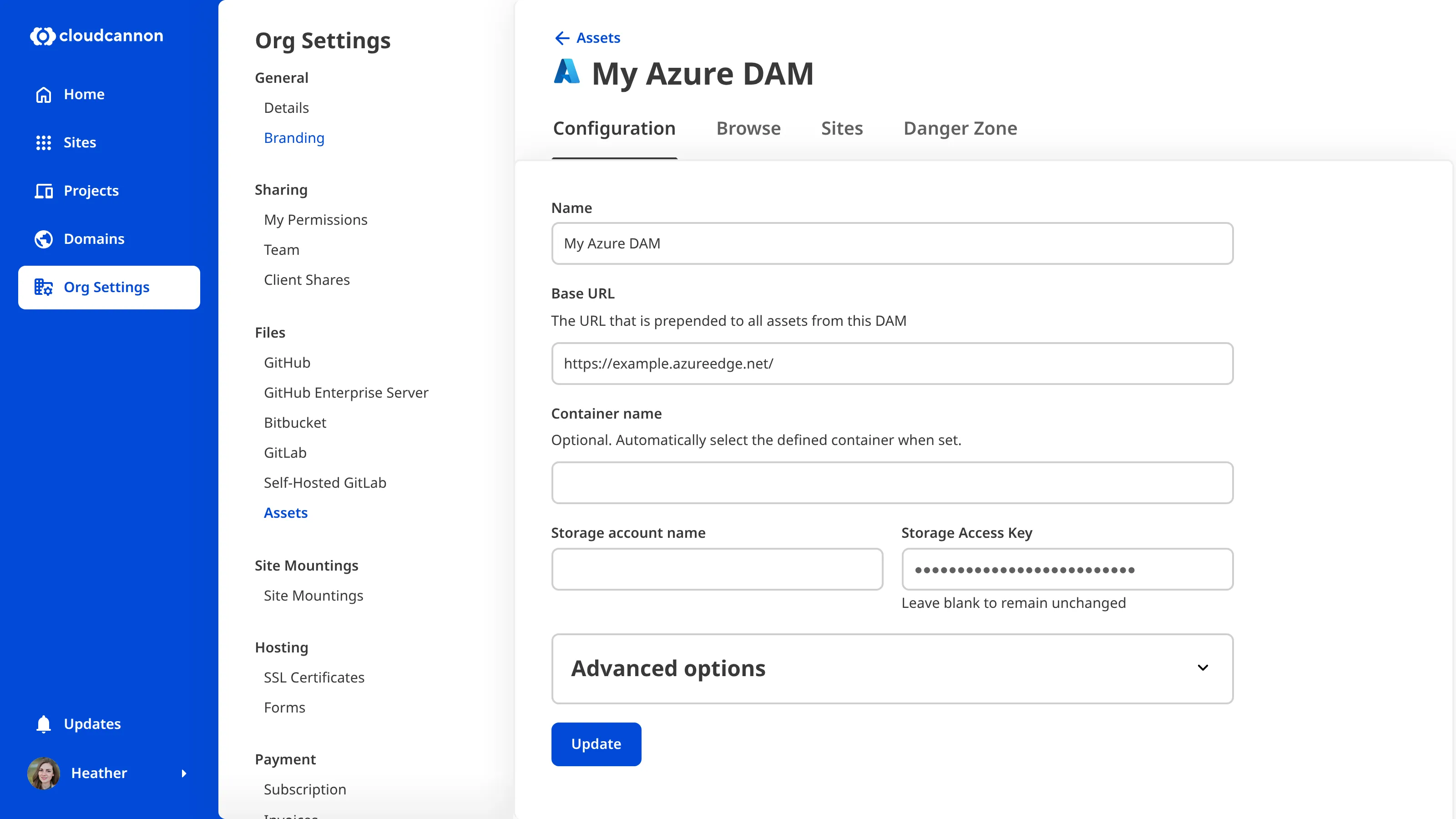 The Configuration tab of an Azure DAM shows fields for Name, Base URL, Container name, Storage account name, Storage Access Key, and advanced options.