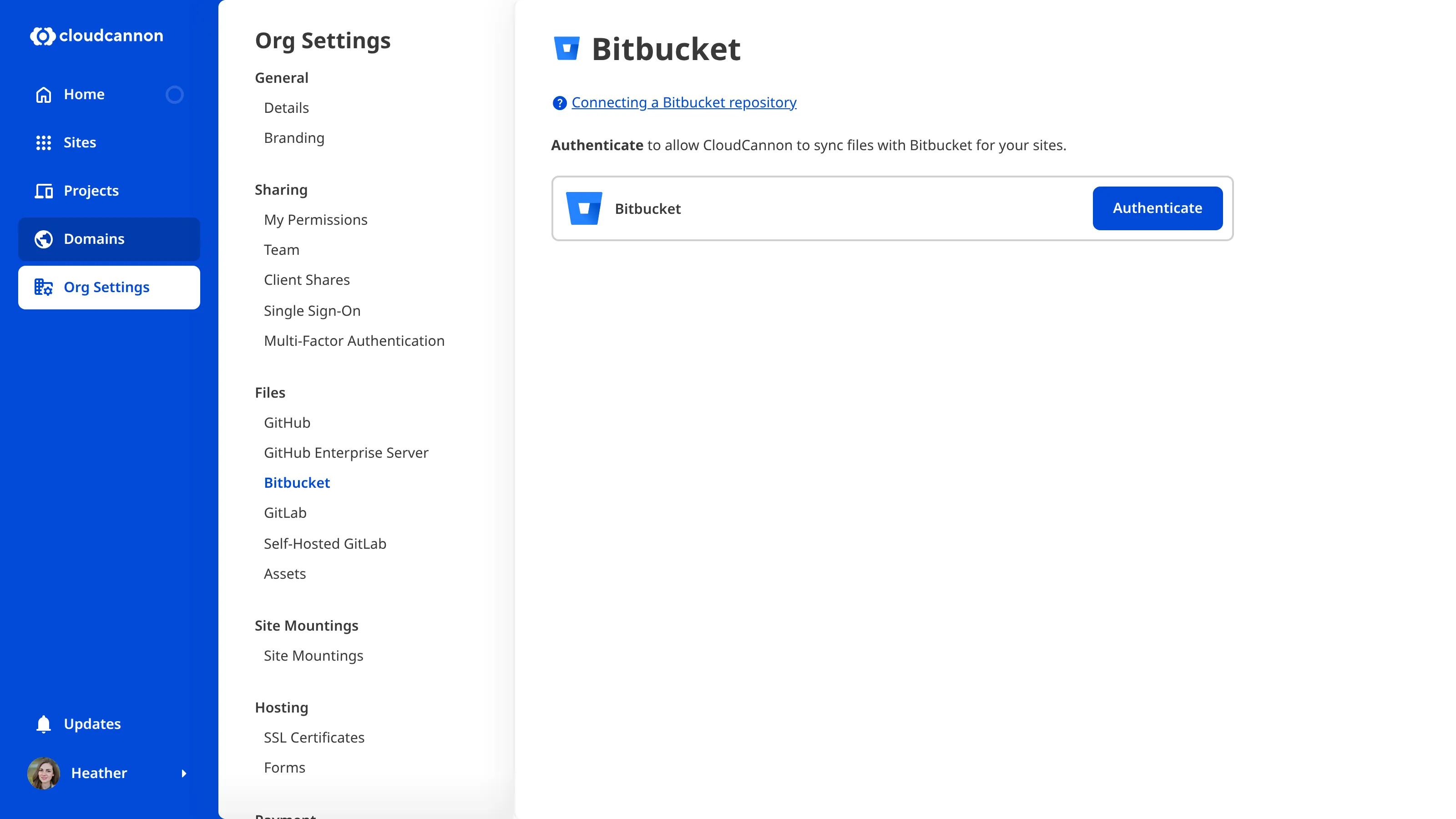 A screenshot of the Bitbucket page under Org Settings shows the authenticate button.