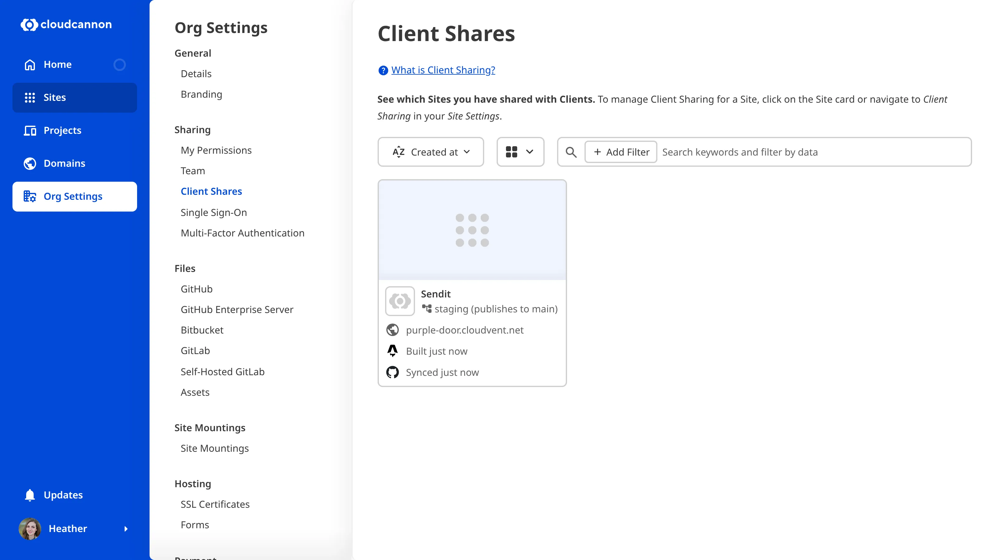 The Client Shares page A screenshot of the Client Shares page shows one Site with Client Sharing enabled.