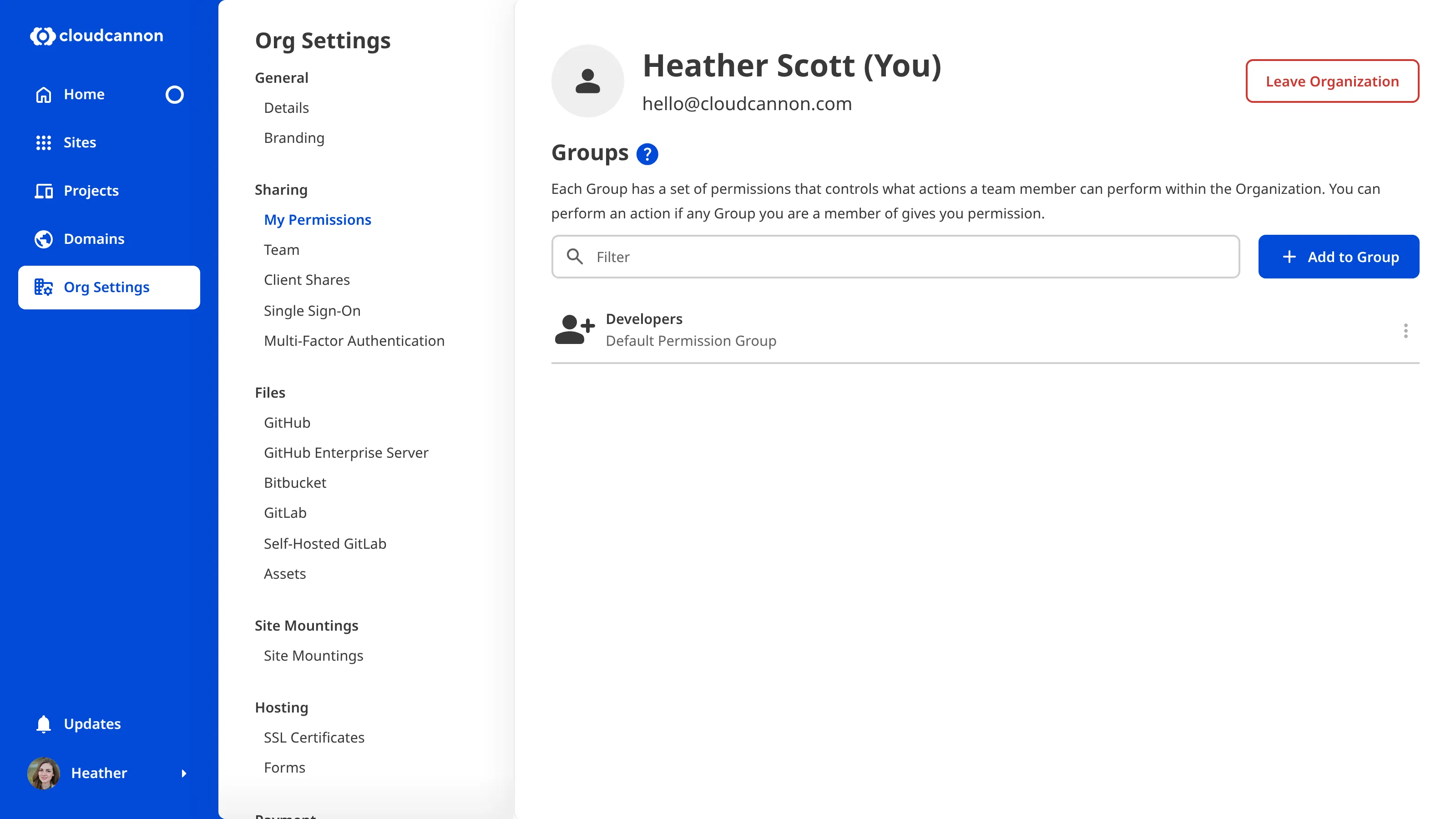 A screenshot of the My Permissions page shows one Permission Group and the Leave Organization button.