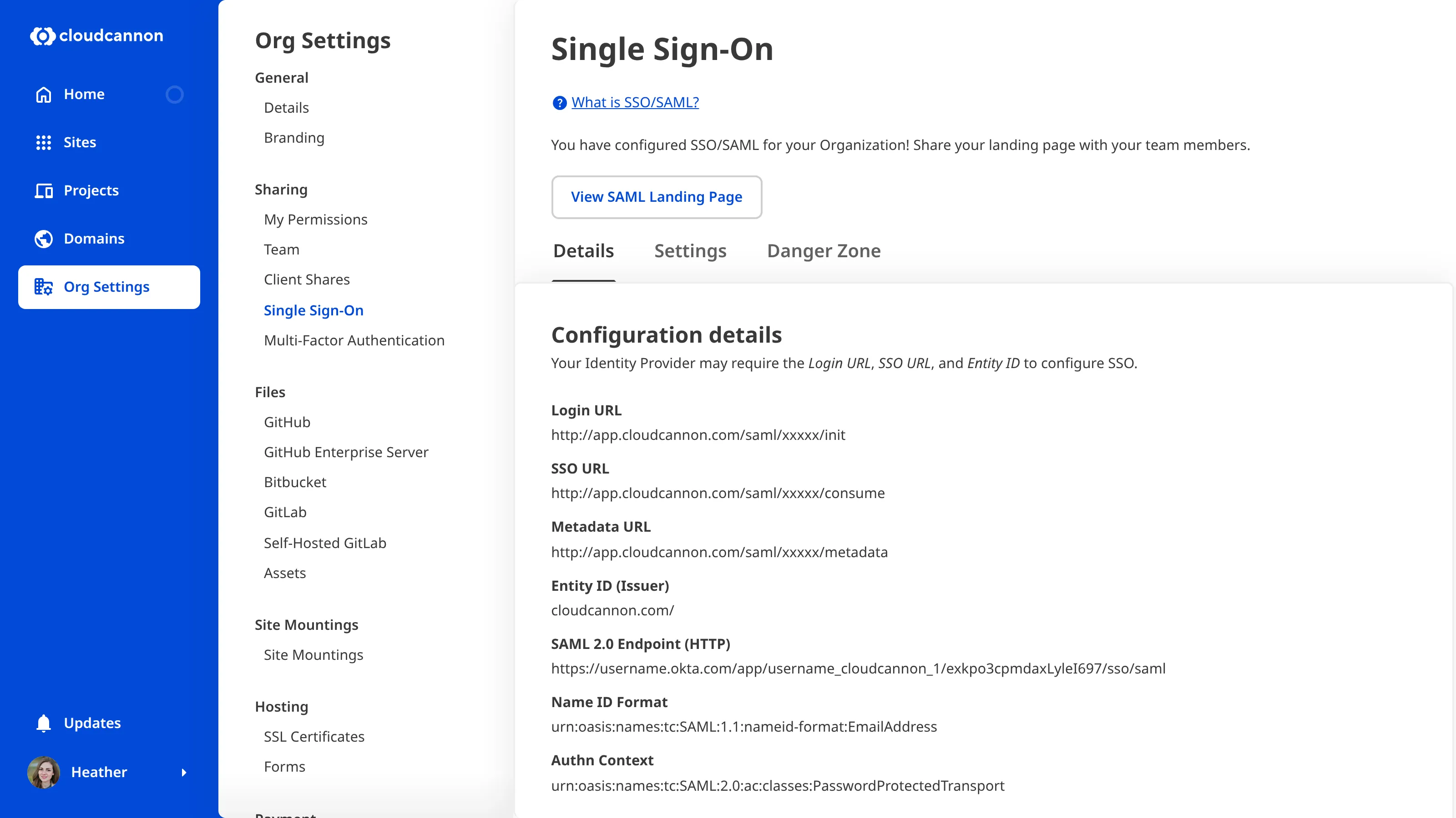 A screenshot of the Details Tab on the Single Sign-On page shows the details of your SSO configuration.