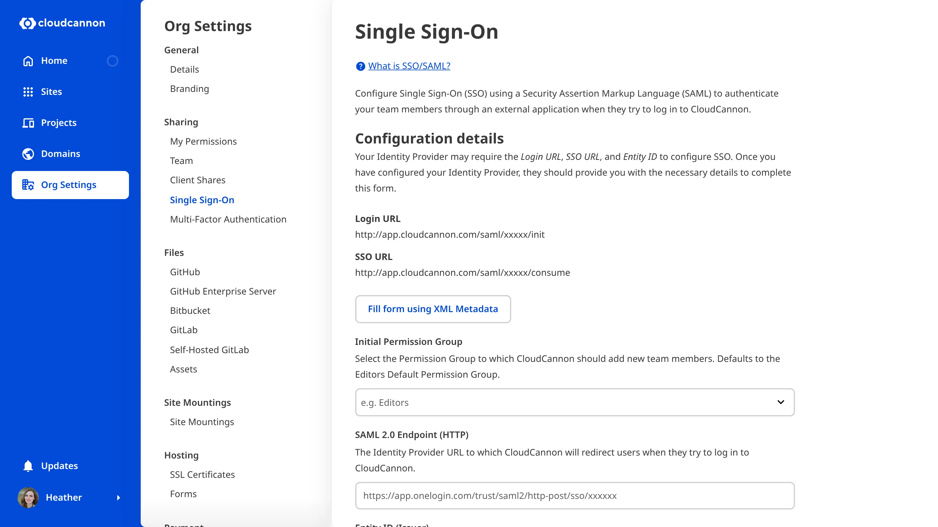 A screenshot of the Single Sign-On page shows the configuration details for initial set up of your Identity Provider.