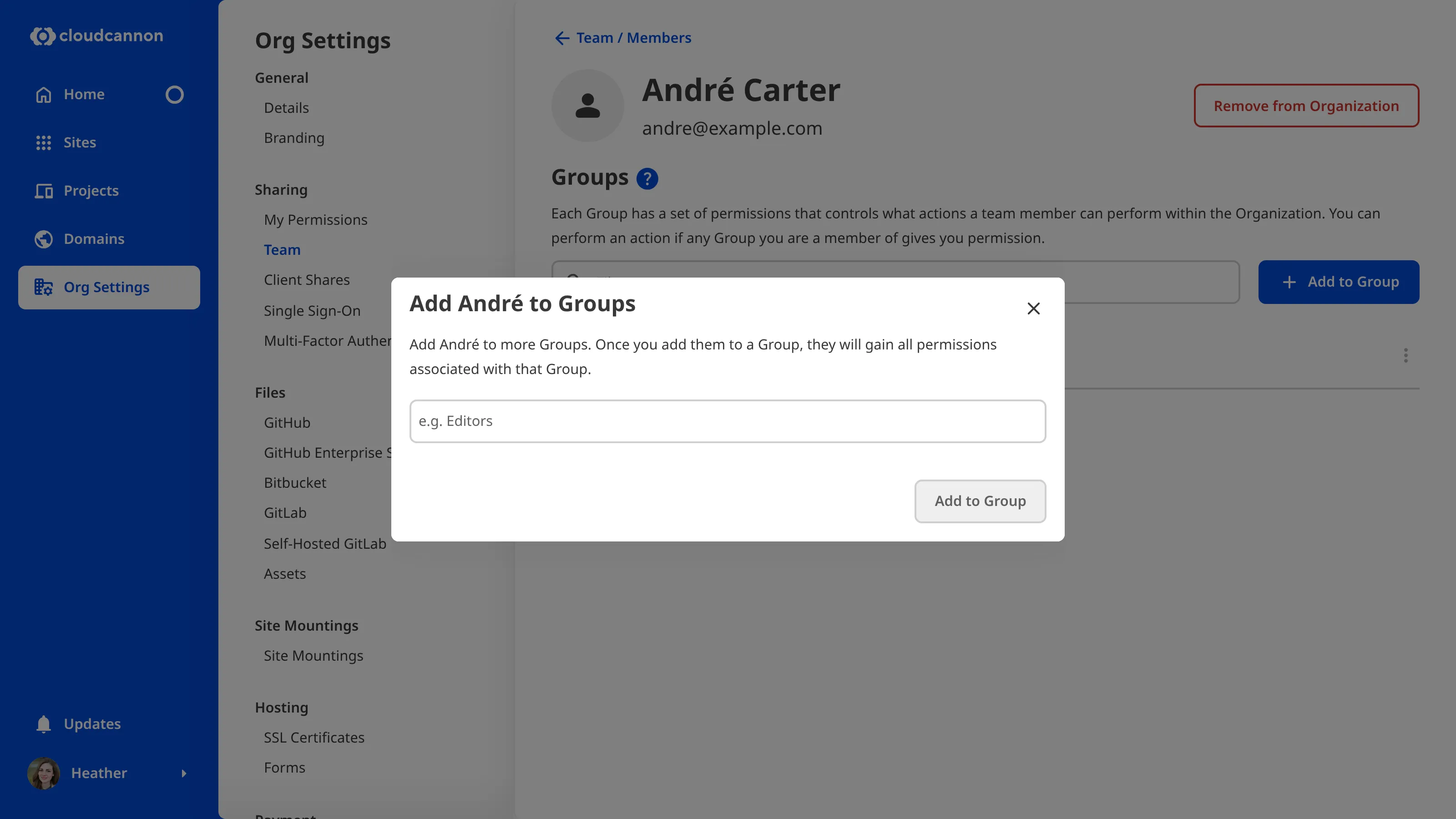 A screenshot of the Team Member page shows the Add to Team Member to Groups modal with a field for Permission Groups.