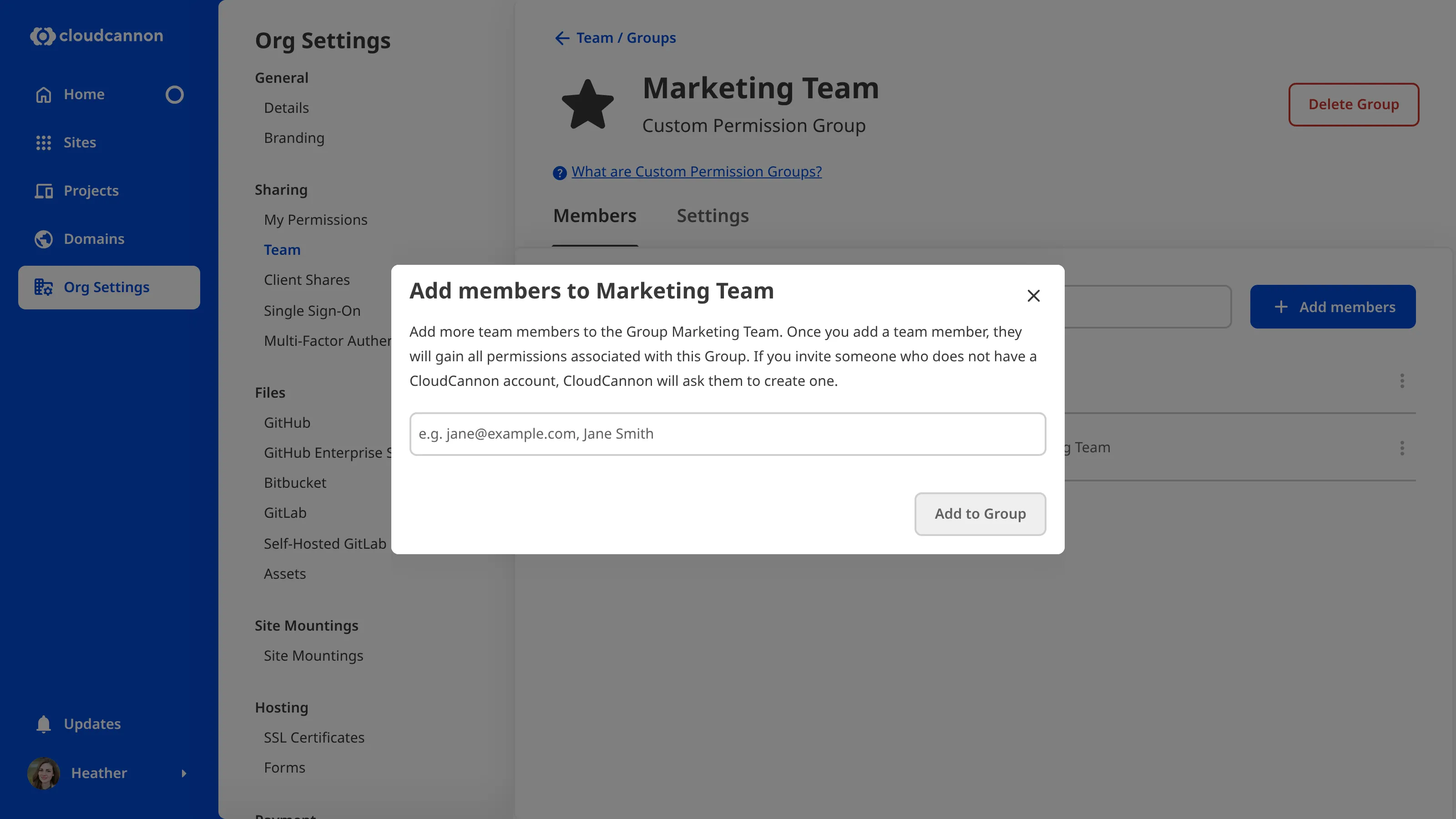 A screenshot of the Developers Permission Group page shows the Add Team Members to Group modal with a field for names.
