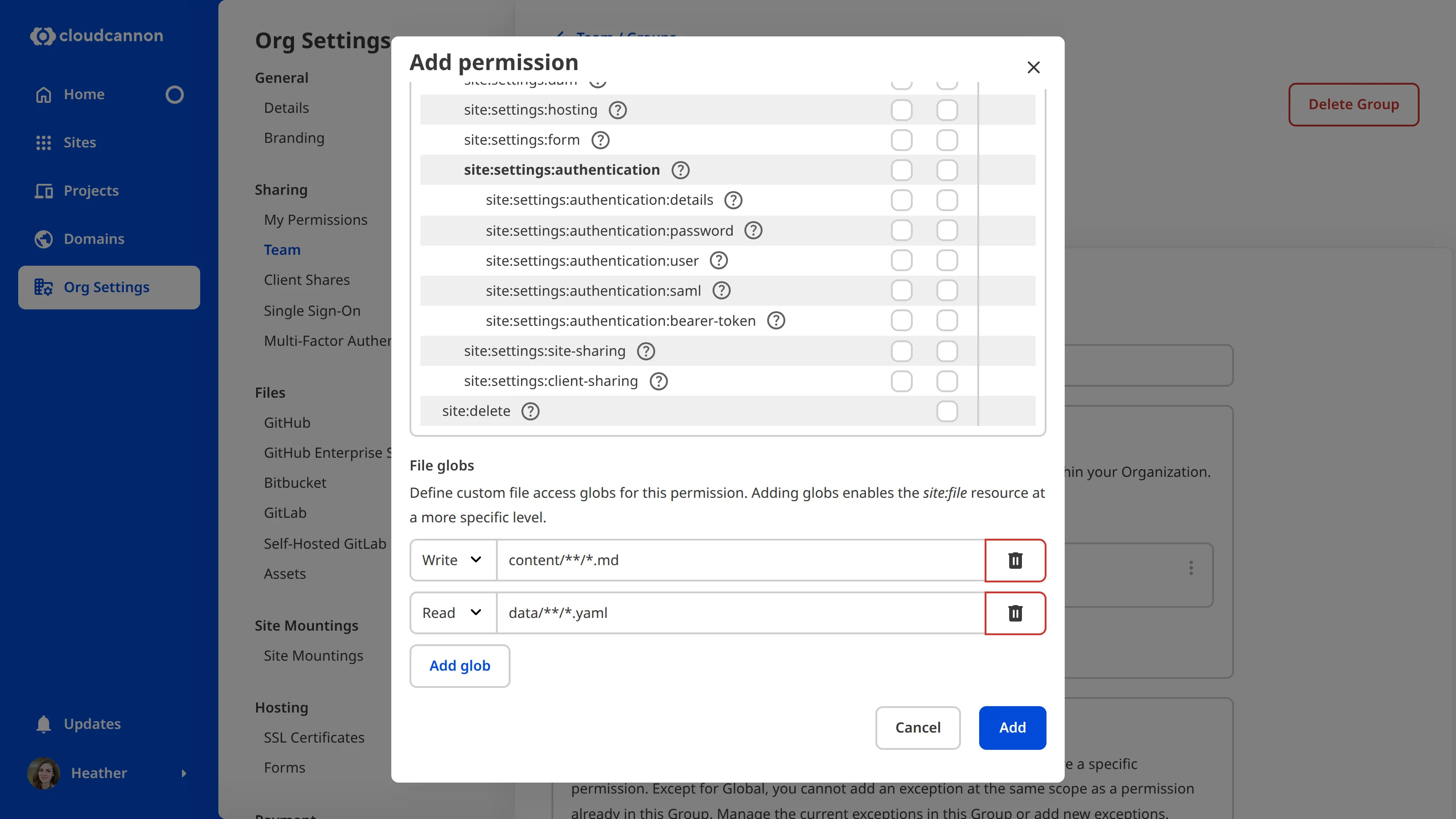 A screenshot of the Add Permission modal shows two fields specifying file globs, one at read level and one at write.