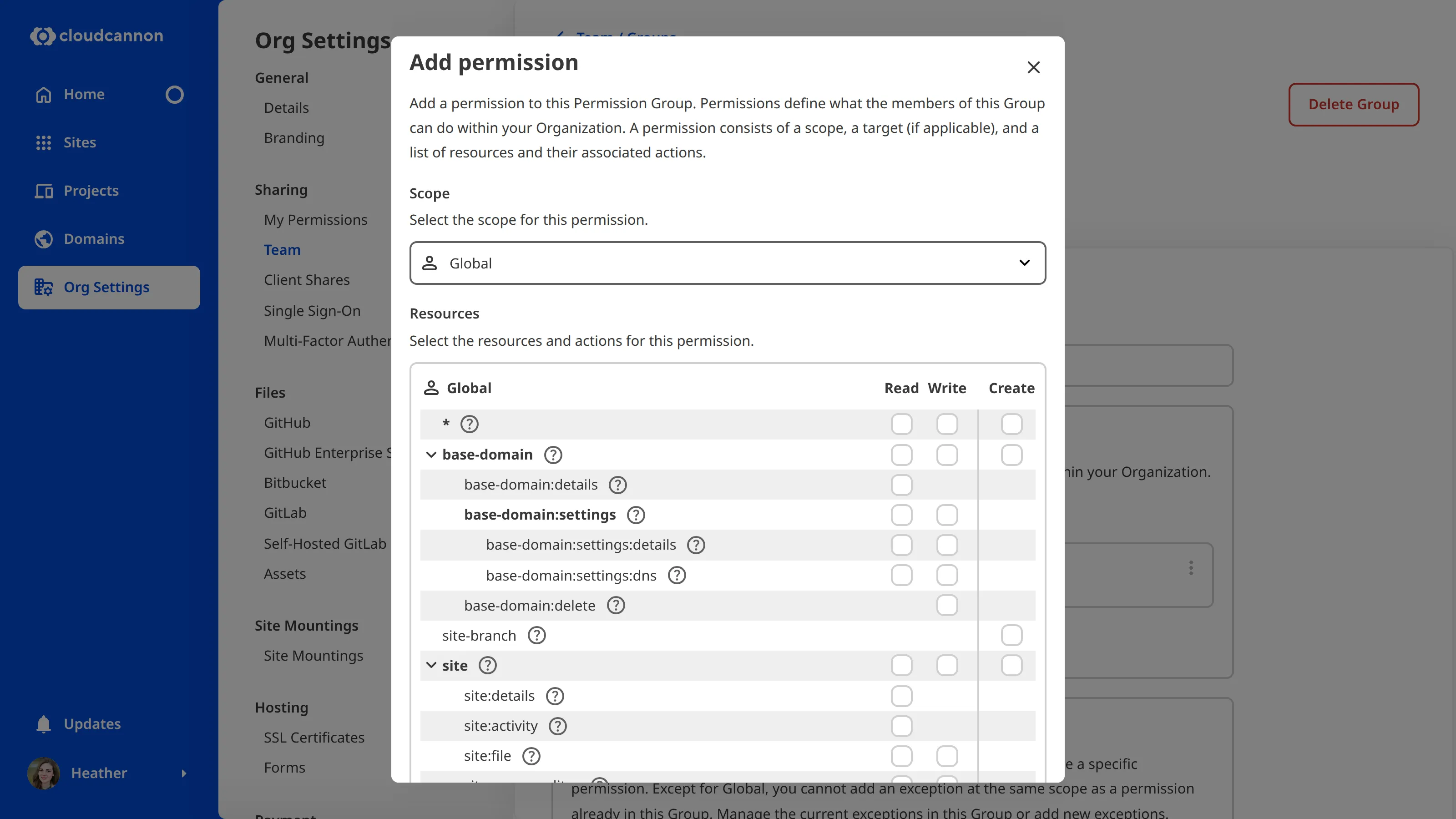 A screenshot of the Add Permission modal shows the option to select resources and scope for a Custom Permission Group.