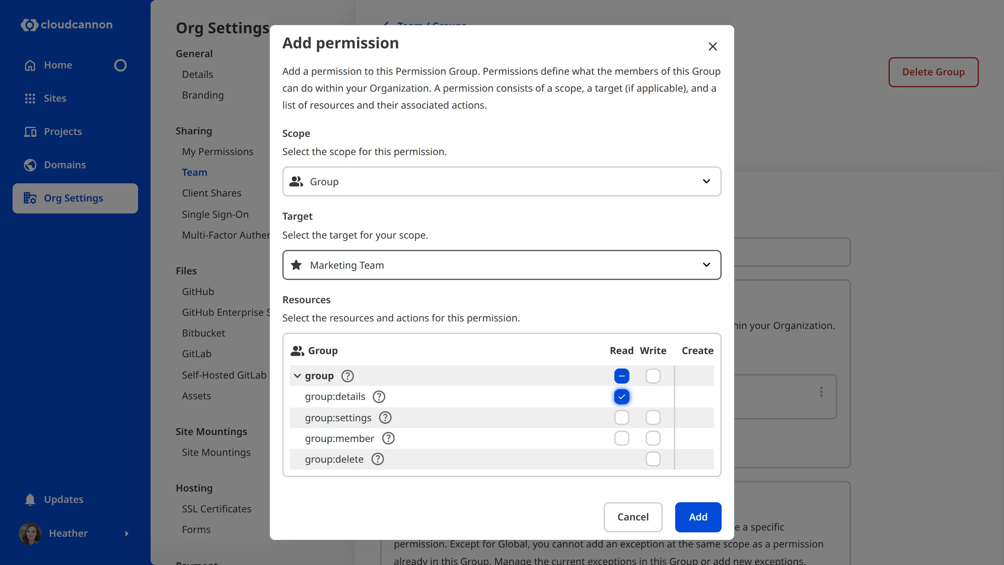 A screenshot of the Add Permission modal shows that selecting the Group scope will add a Target field.