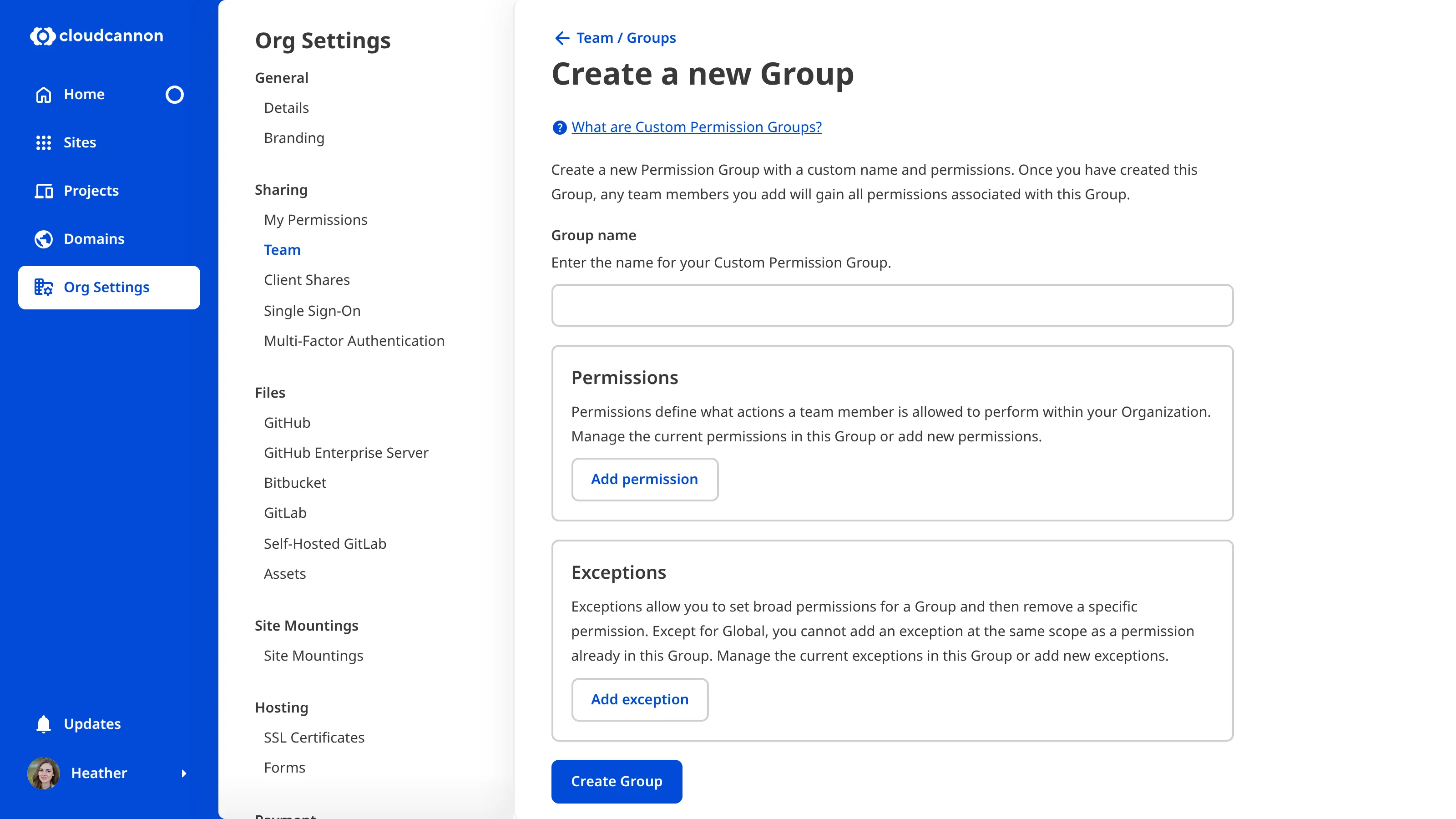A screenshot of the Create A New Group page shows the options to add a name, permissions, and exceptions to a Custom Permission Group.