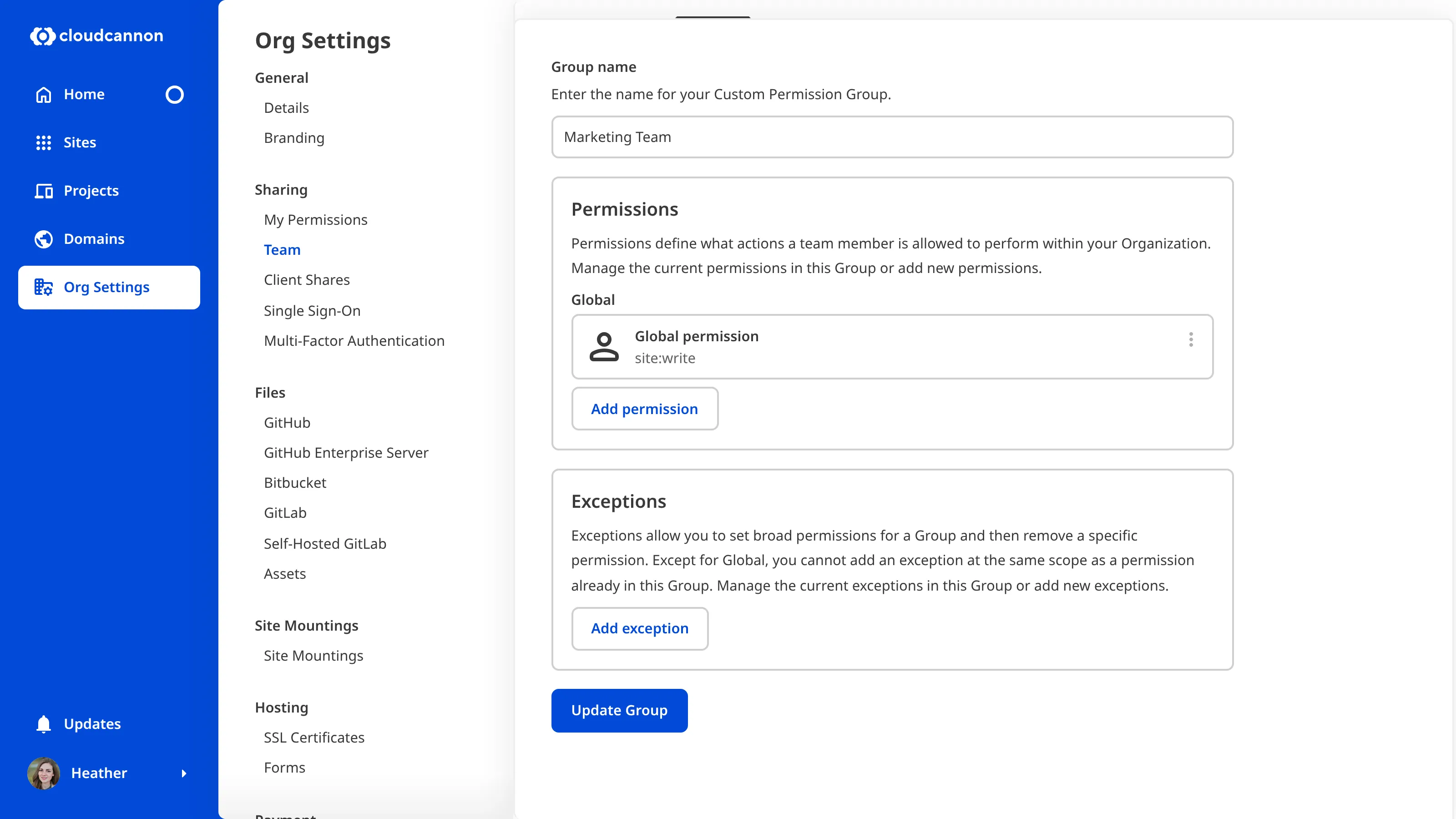 A screenshot of the Custom Permission Group Settings tab, scrolled down to show the Add exception button.