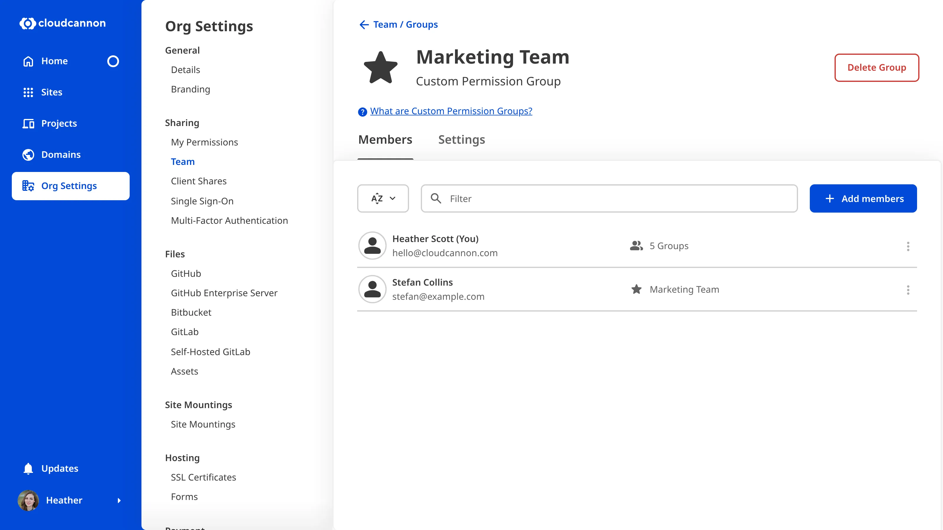 A screenshot of the Marketing Team Custom Permission Group page shows the Delete Group button.