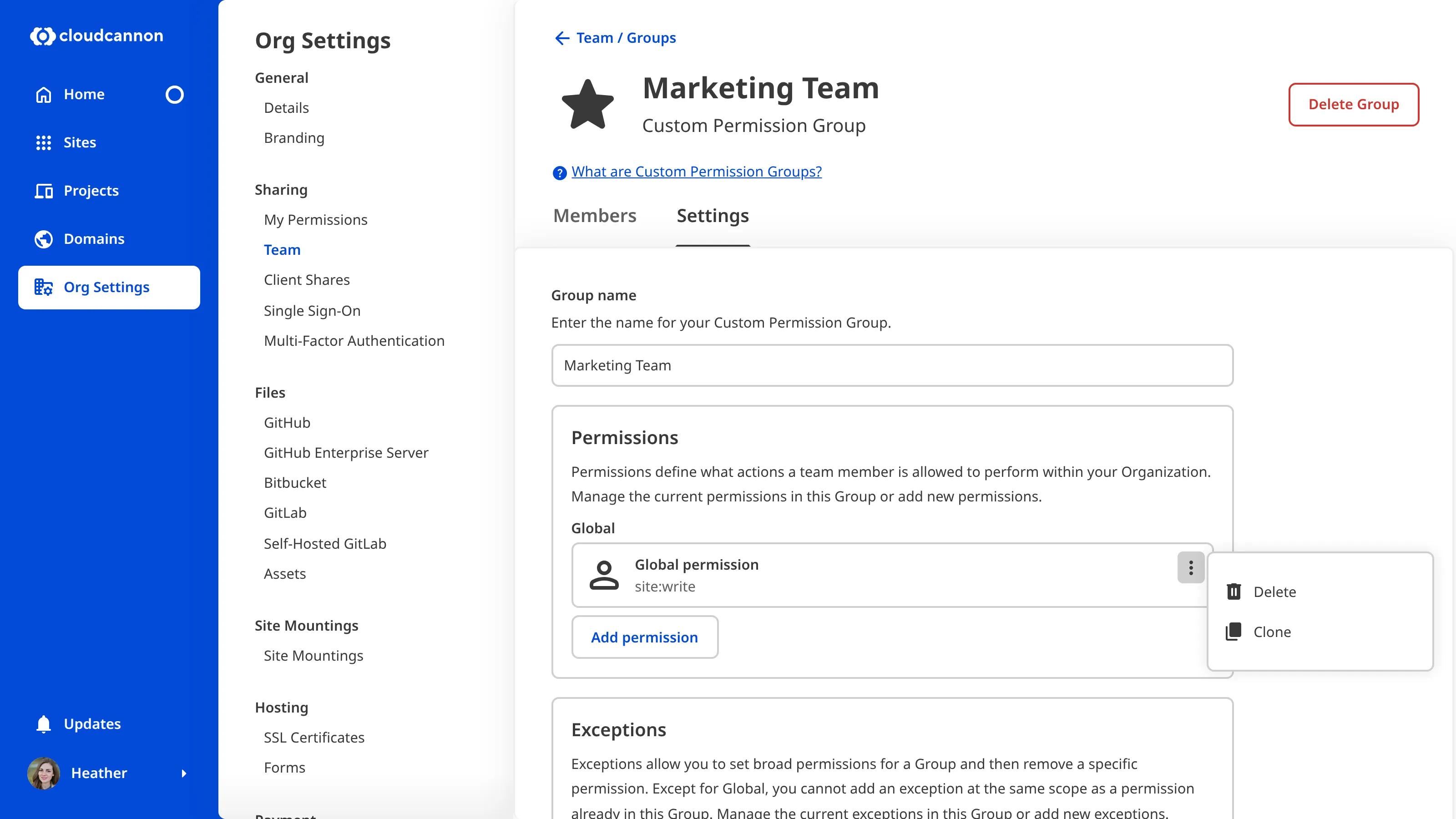 A screenshot of the Marketing Team Permission Group page shows the context menu open on a permission card with Delete and Clone options.