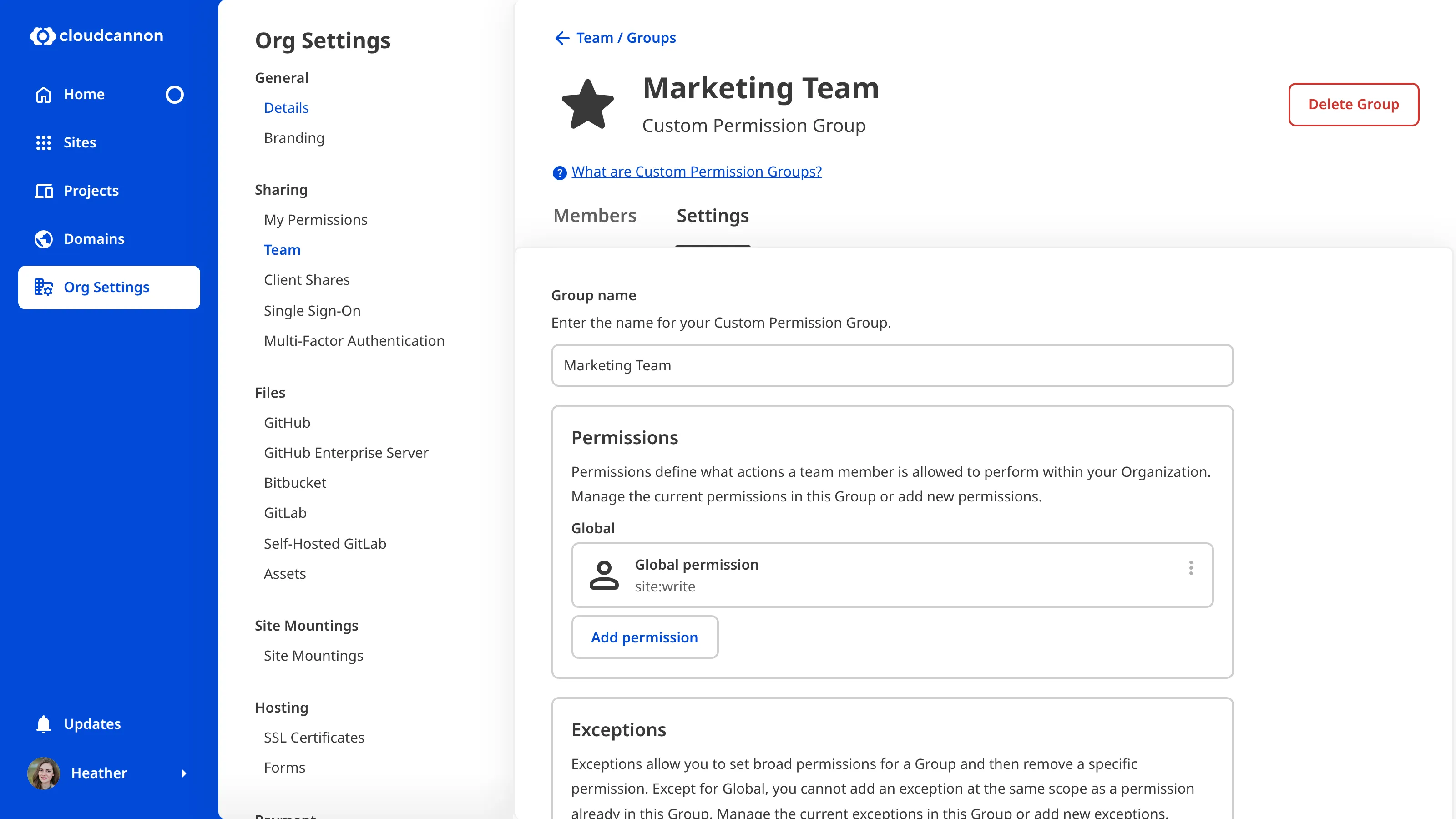 A screenshot of the Marketing Team Permission Group page shows permissions and the Add Permission button.