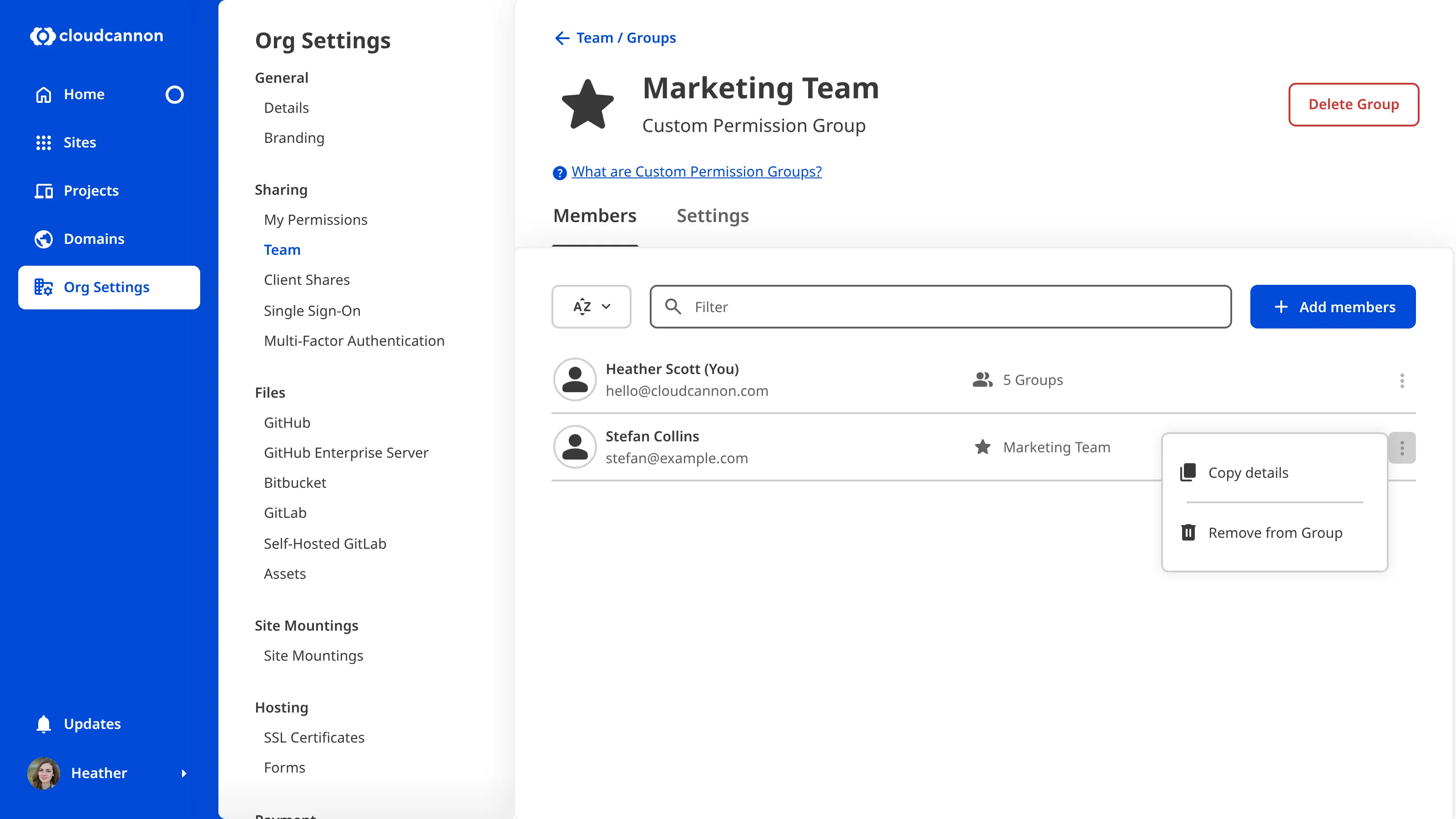 A screenshot of the Editors Permission Group page shows the Context Menu for a team member with the option to Remove from Group.
